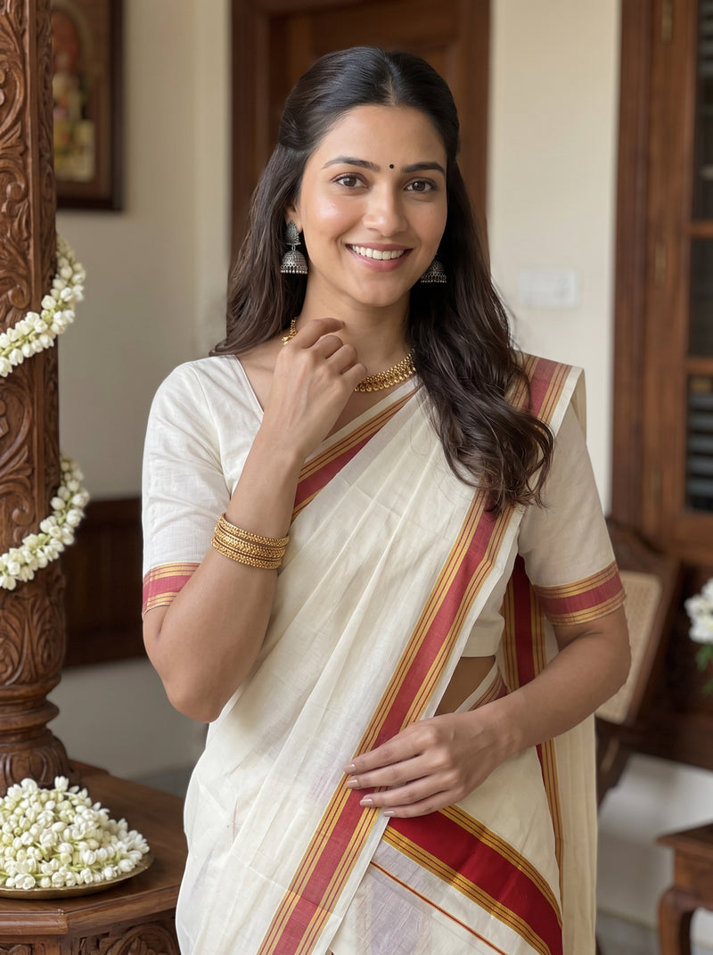 A woman wearing a cream-colored traditional saree with red and gold borders, standing in an indoor setting with wooden furniture and floral garlands.