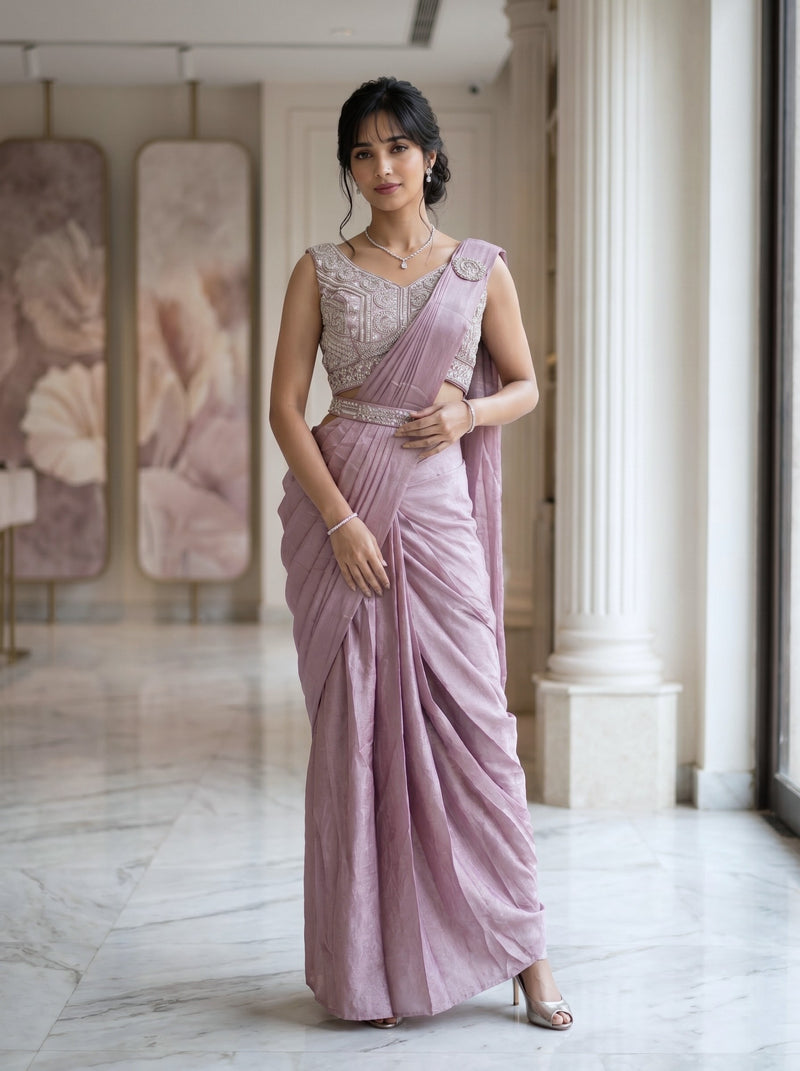Woman in a pink saree with a white blouse in an indoor setting