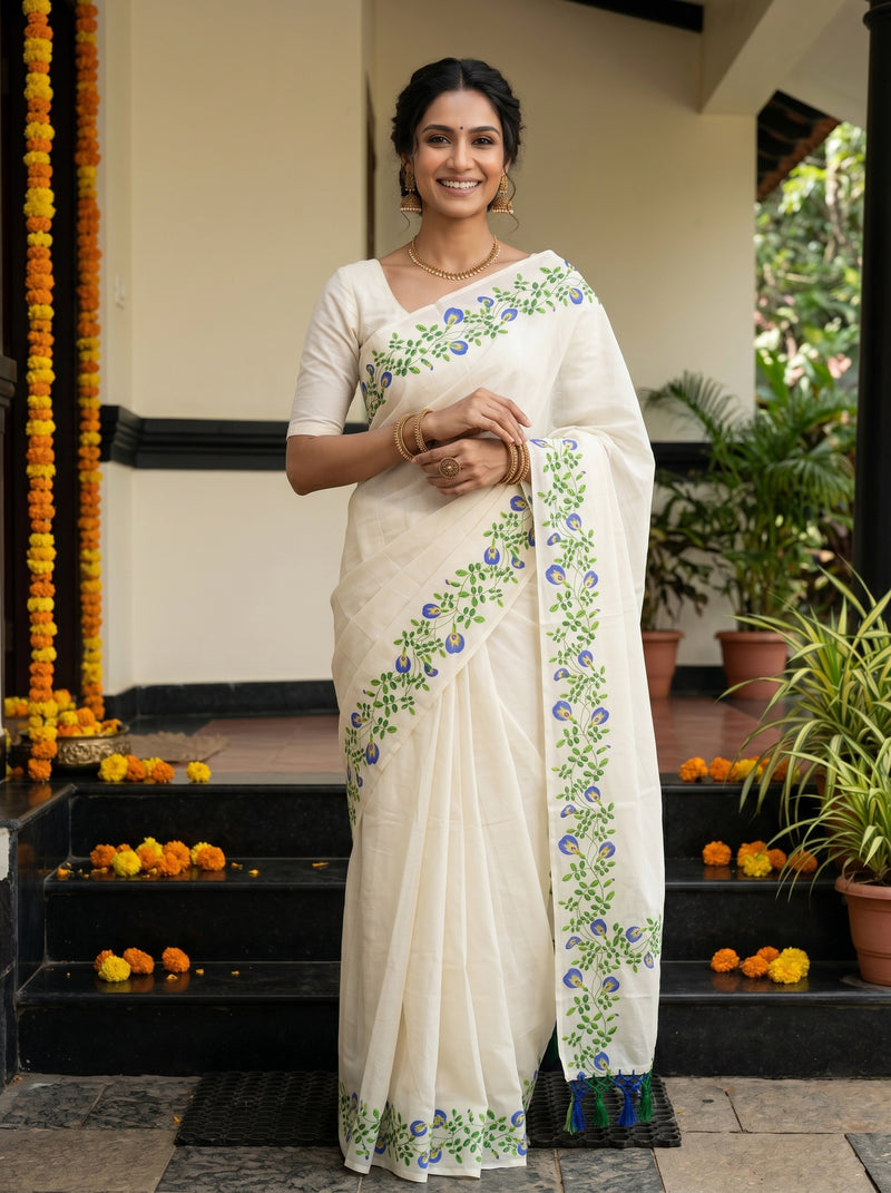 Woman in a white saree with floral patterns standing on steps decorated with marigold flowers.