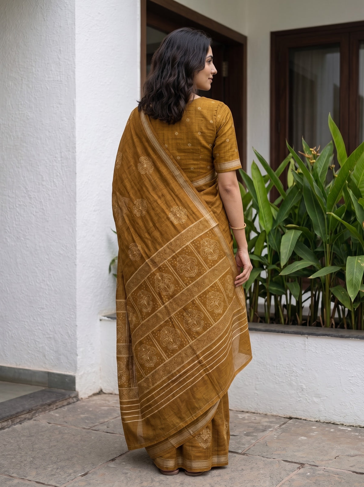 Semi Tussar Mustard Brown Saree with Cream Floral Butta Printed Pallu and Checkered Panel Border