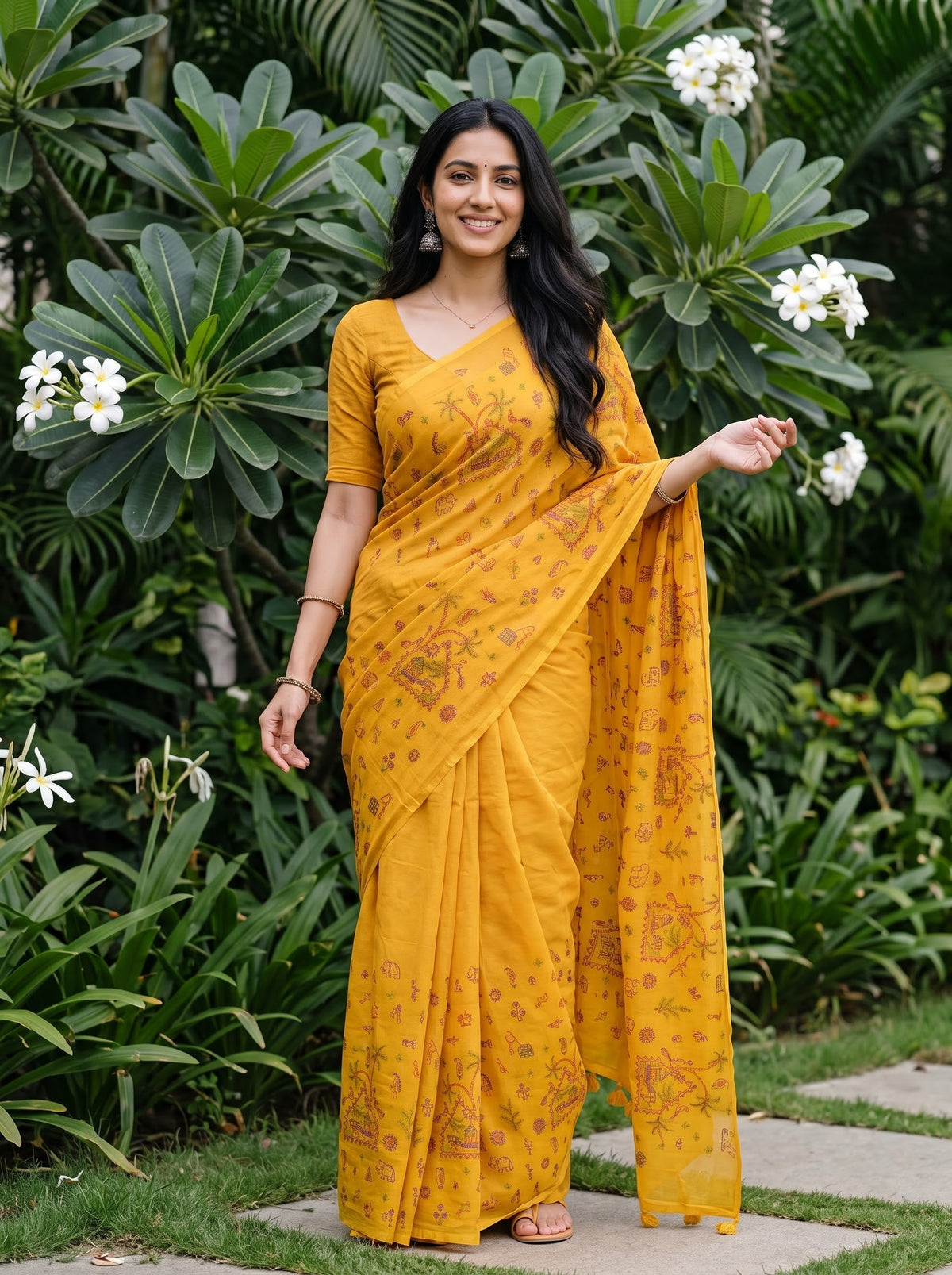 Net Kota Mustard Yellow Warli Tribal Embroidery Saree