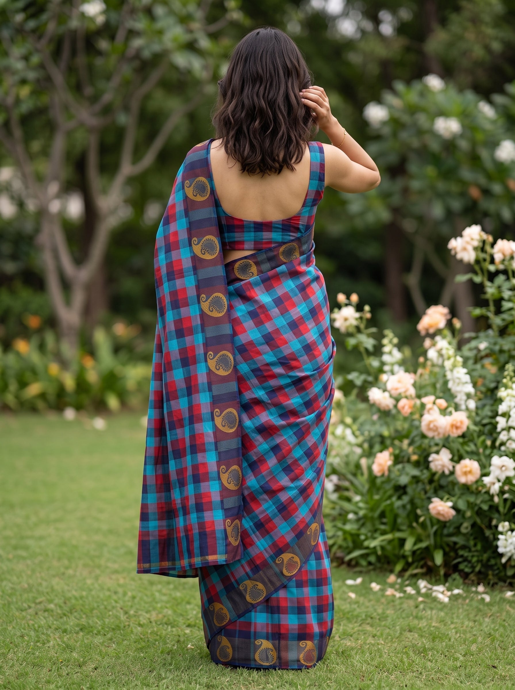 A woman wearing a blue and red plaid saree with gold paisley motifs, photographed from behind in a garden setting.