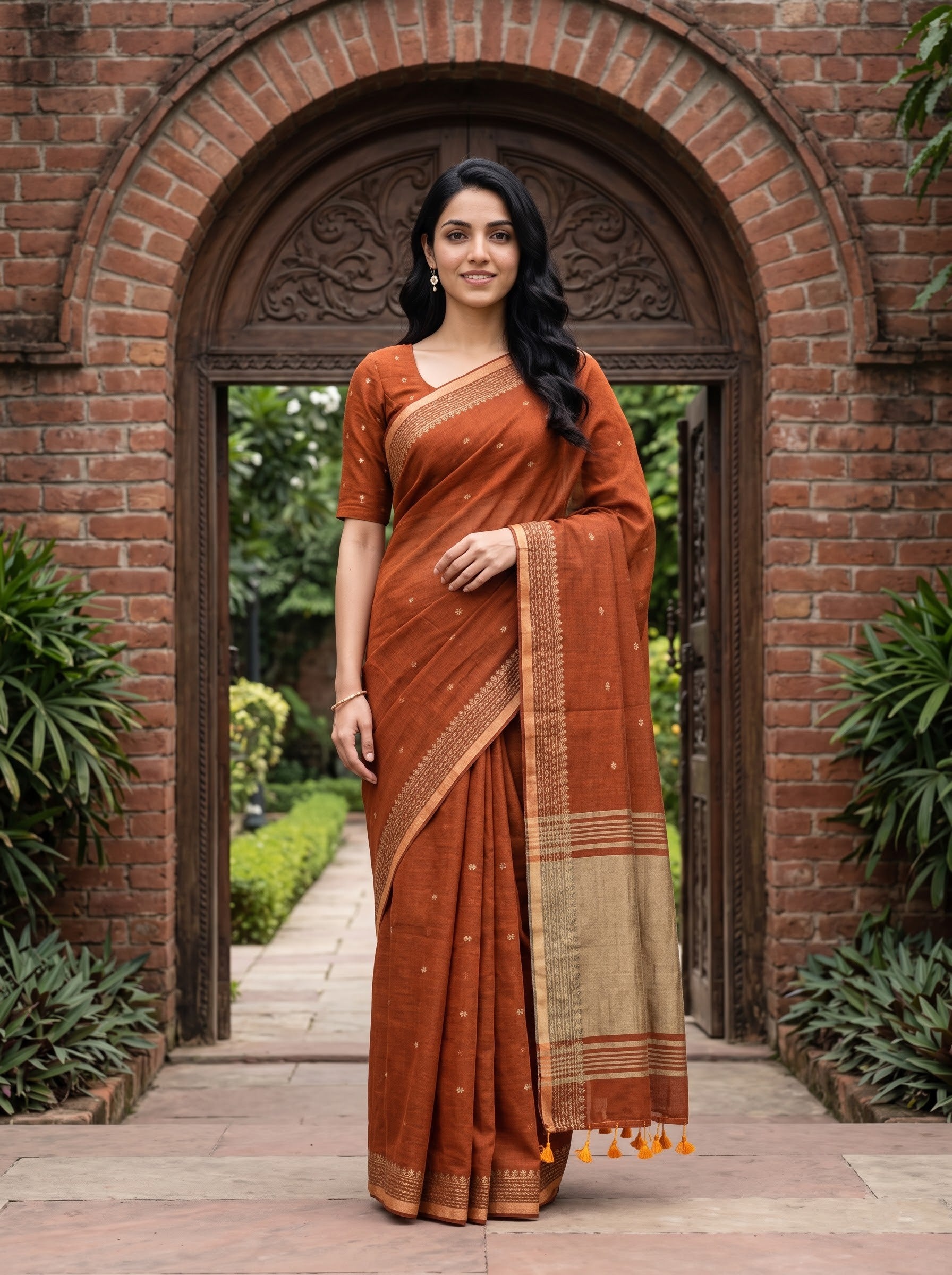 A woman wearing a rust-orange and beige saree stands centered in front of a brick archway with greenery on both sides. The saree has a warm rust-orange body with a beige border and small metallic-looking motifs, and the blouse is a matching rust-orange color.