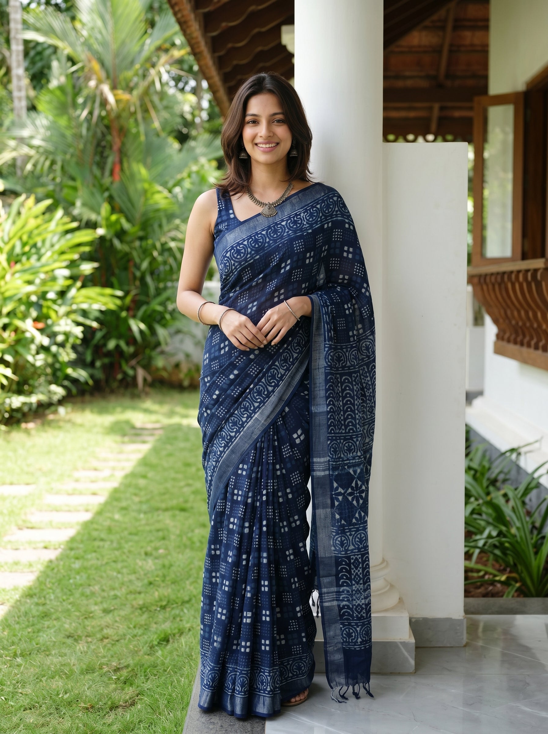 Woman wearing a blue saree standing outdoors with greenery in the background