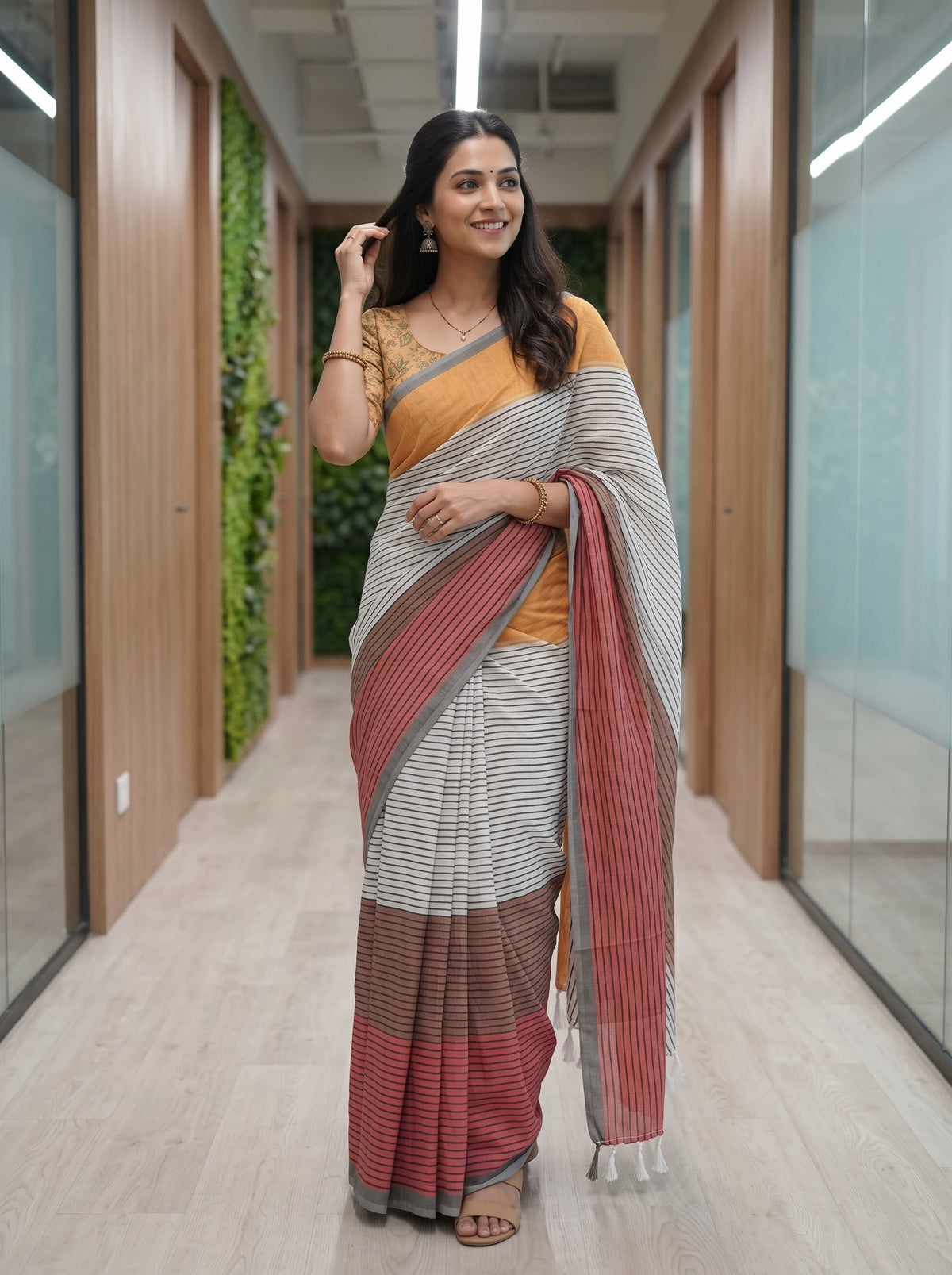 Cotton Rust-Grey Striped Saree with Solid Mustard Pallu