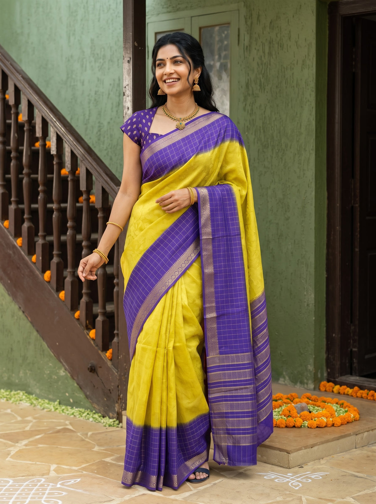 Semi Silk Mustard Saree with Purple Golden Zari Checks Pallu & Striped Zari Border