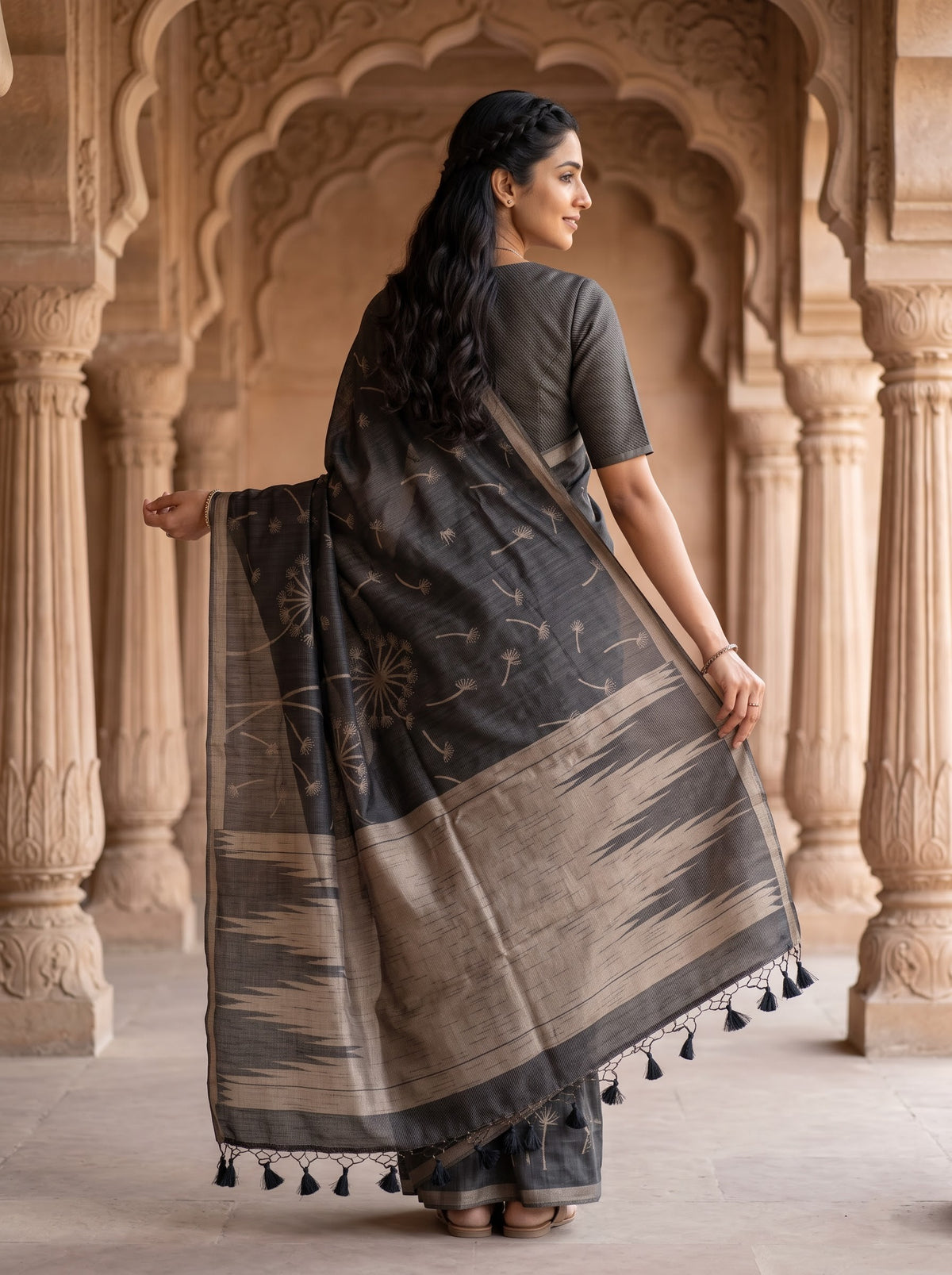 Matka Silk Black Saree with Woven Dandelion Print and Tassels
