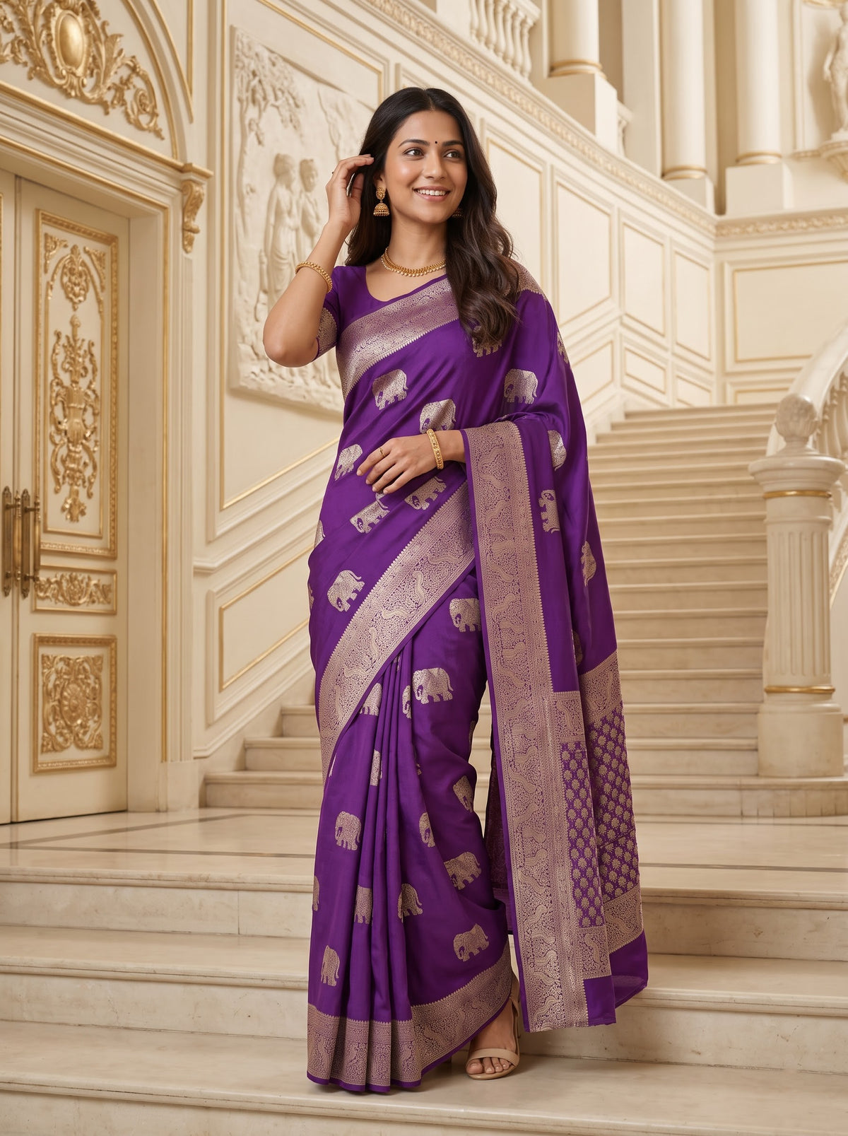 A woman wearing a purple silk saree with silver elephant motifs and a wide metallic border, standing on elegant cream-colored stone stairs in a grand interior.