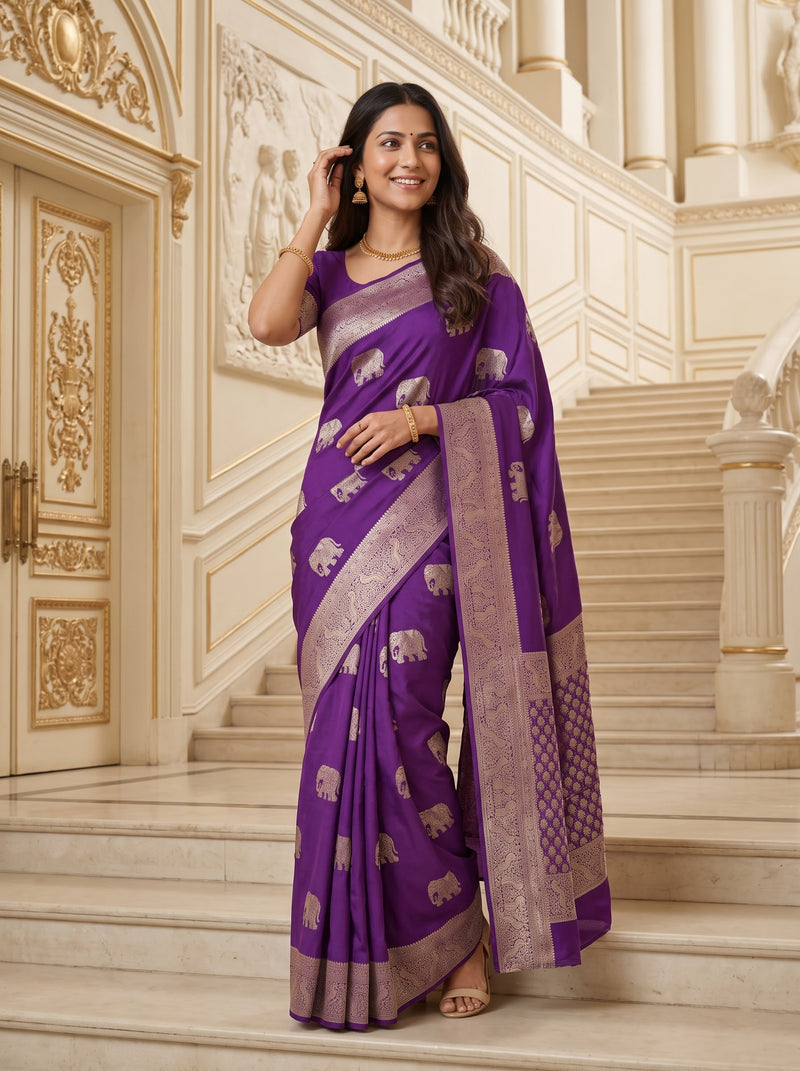 A woman wearing a purple silk saree with silver elephant motifs and a wide metallic border, standing on elegant cream-colored stone stairs in a grand interior.
