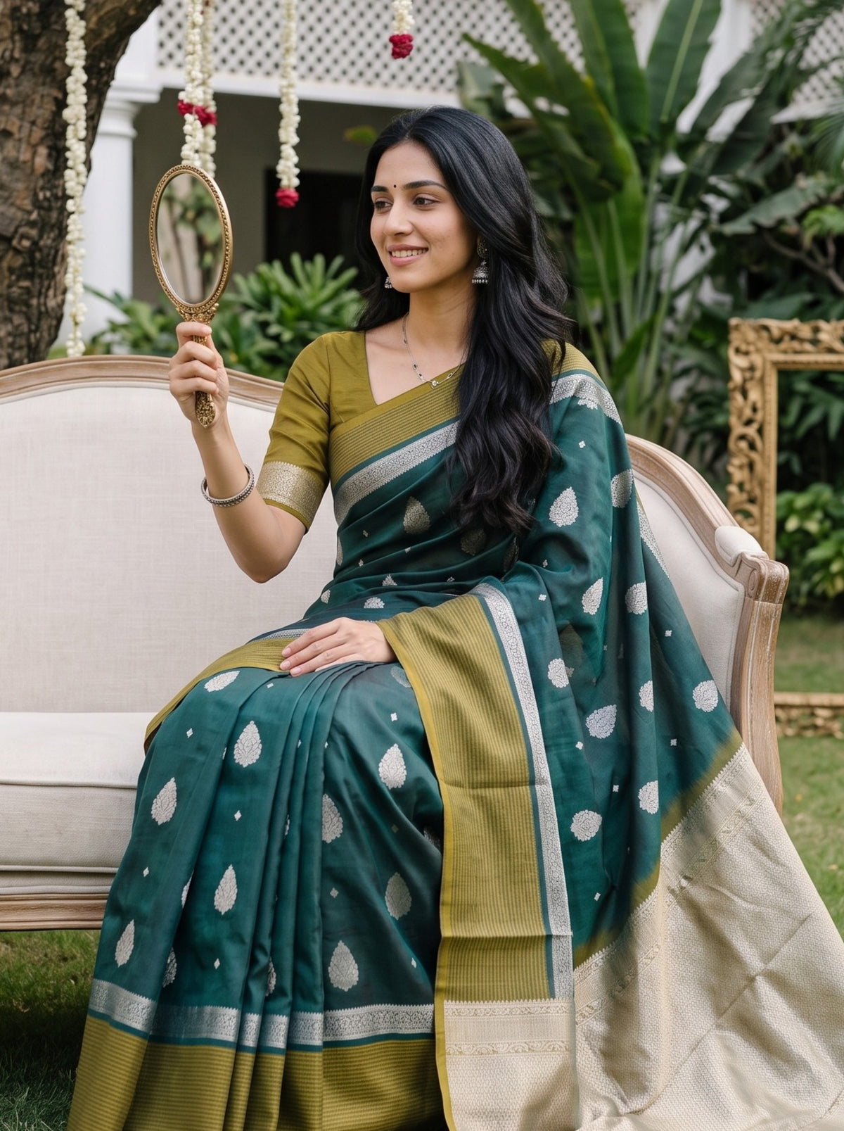 A woman wearing a dark teal green and olive green saree with white motifs and a beige border, seated on a cream-colored sofa in an outdoor garden setting.