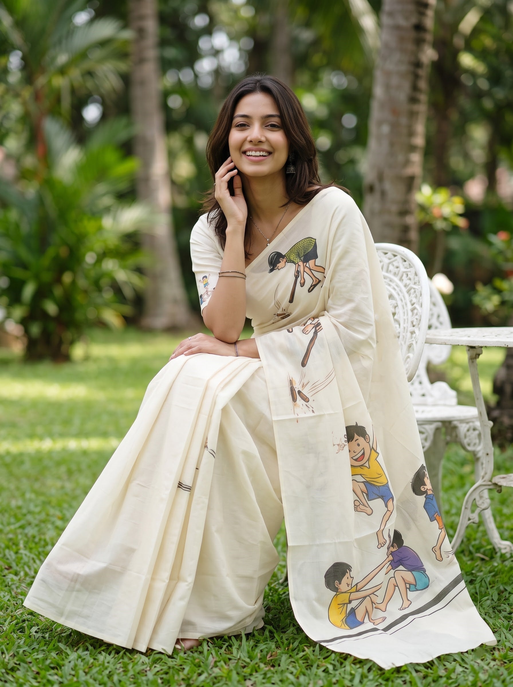 A woman sitting on a white garden bench wearing a cream-colored printed saree with cartoon children and a green bird design, set against a lush green outdoor background.