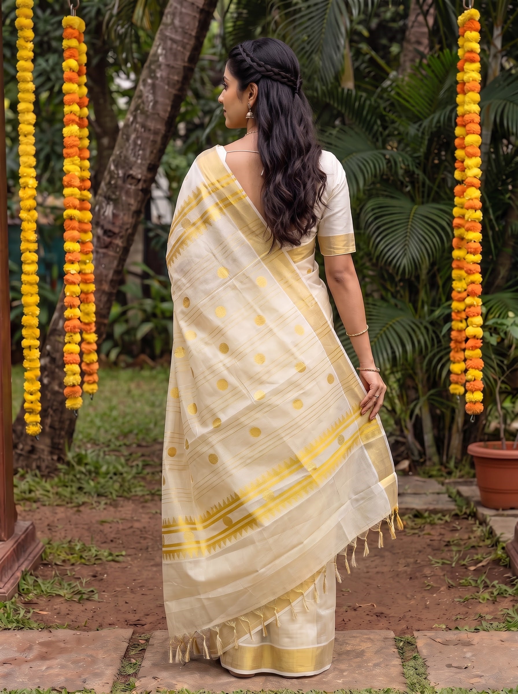 Tissue Cream Golden Polka Dot Zigzag Pallu Onam Kerala Saree