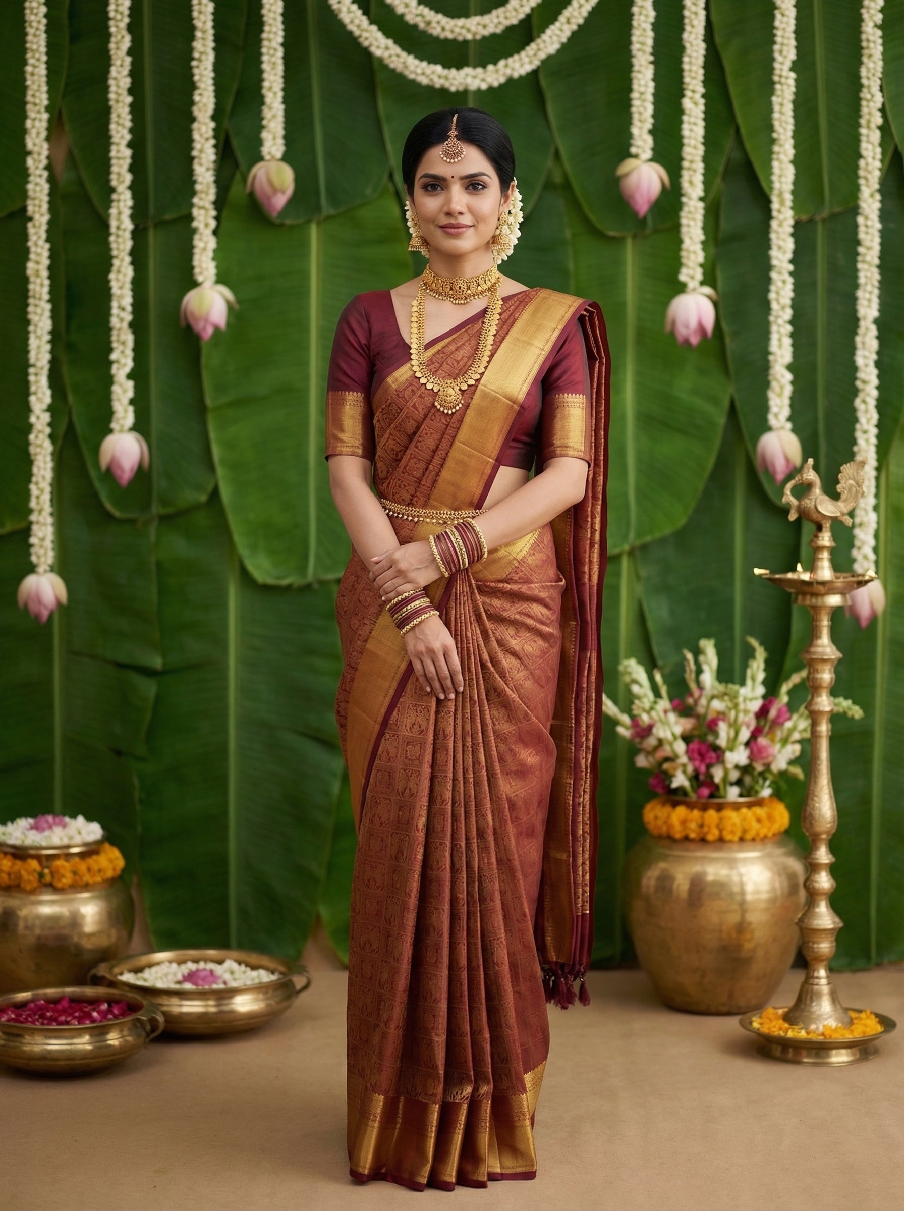 Woman in traditional Kanjivaram saree with decorative background
