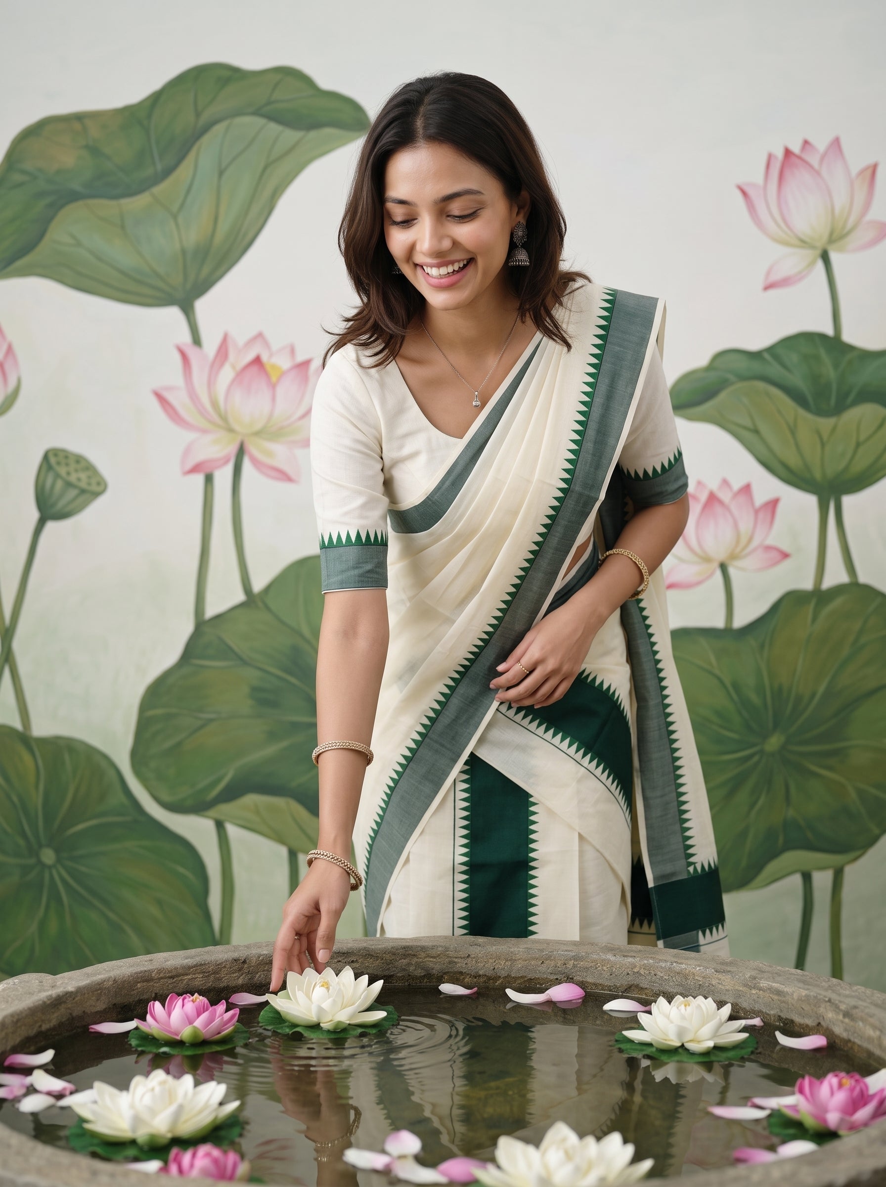 A woman wearing a cream and dark green saree stands beside a stone basin filled with lotus flowers, with a painted lotus mural in the background.