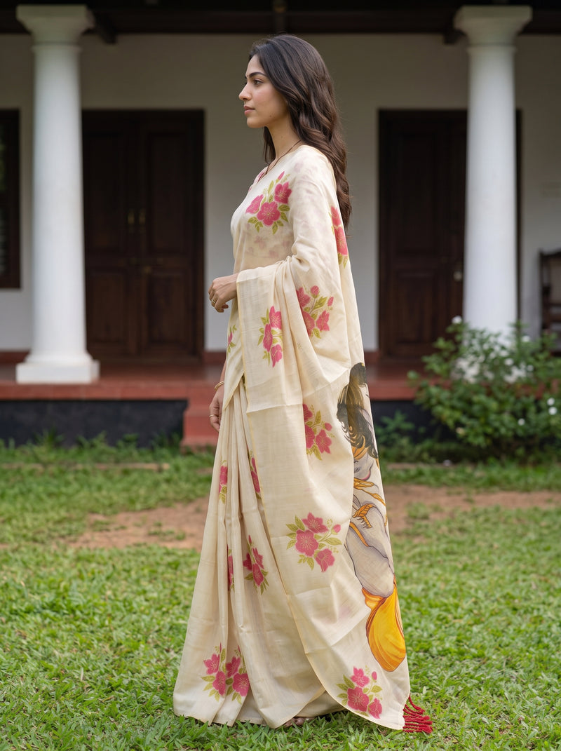 A woman wearing a cream-colored saree with pink floral prints and a yellow border, standing outdoors on a green lawn in front of a building with white pillars.