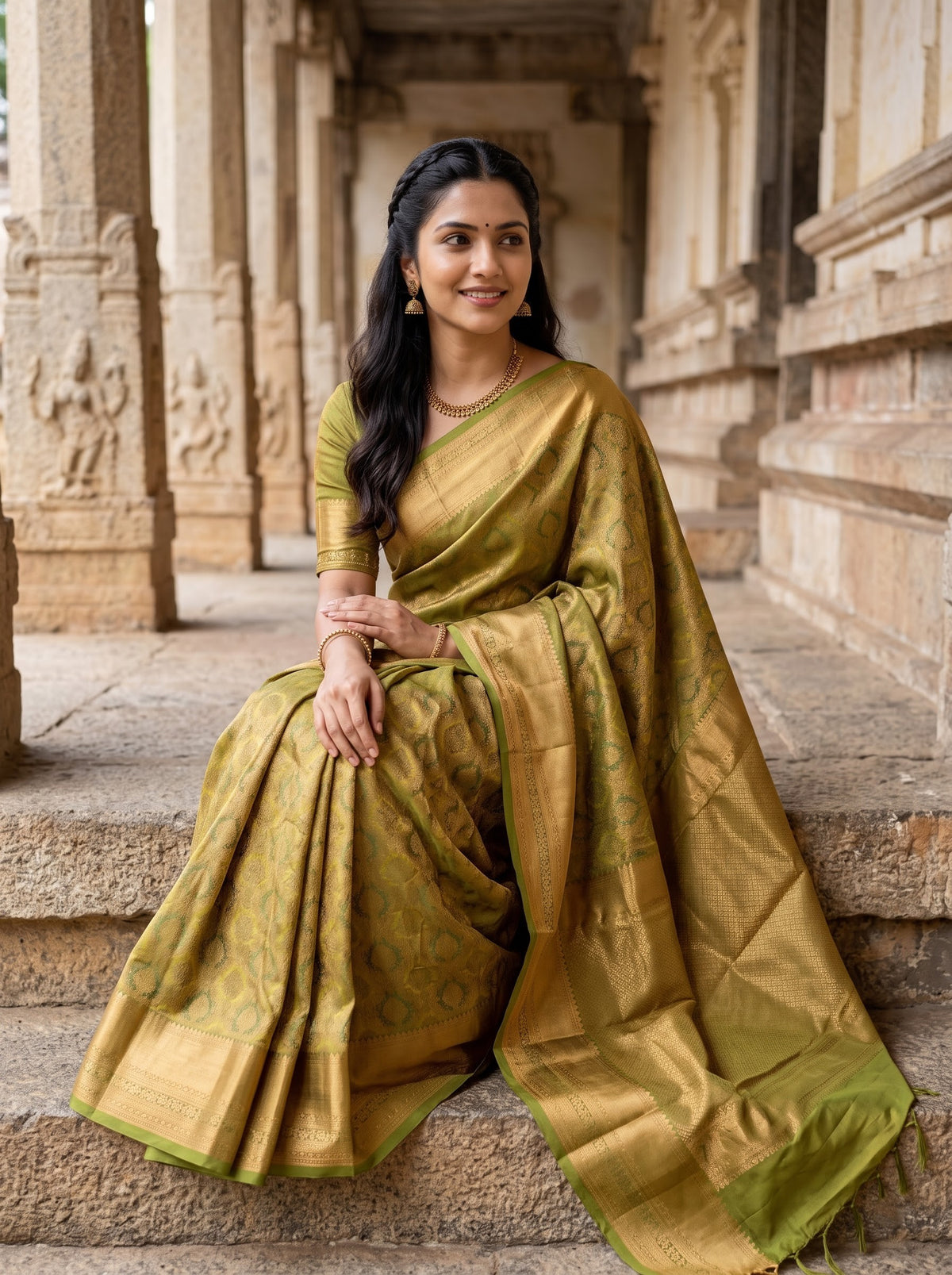 A woman wearing a golden olive green silk saree with gold zari embroidery sits on stone steps in front of a historic temple corridor.