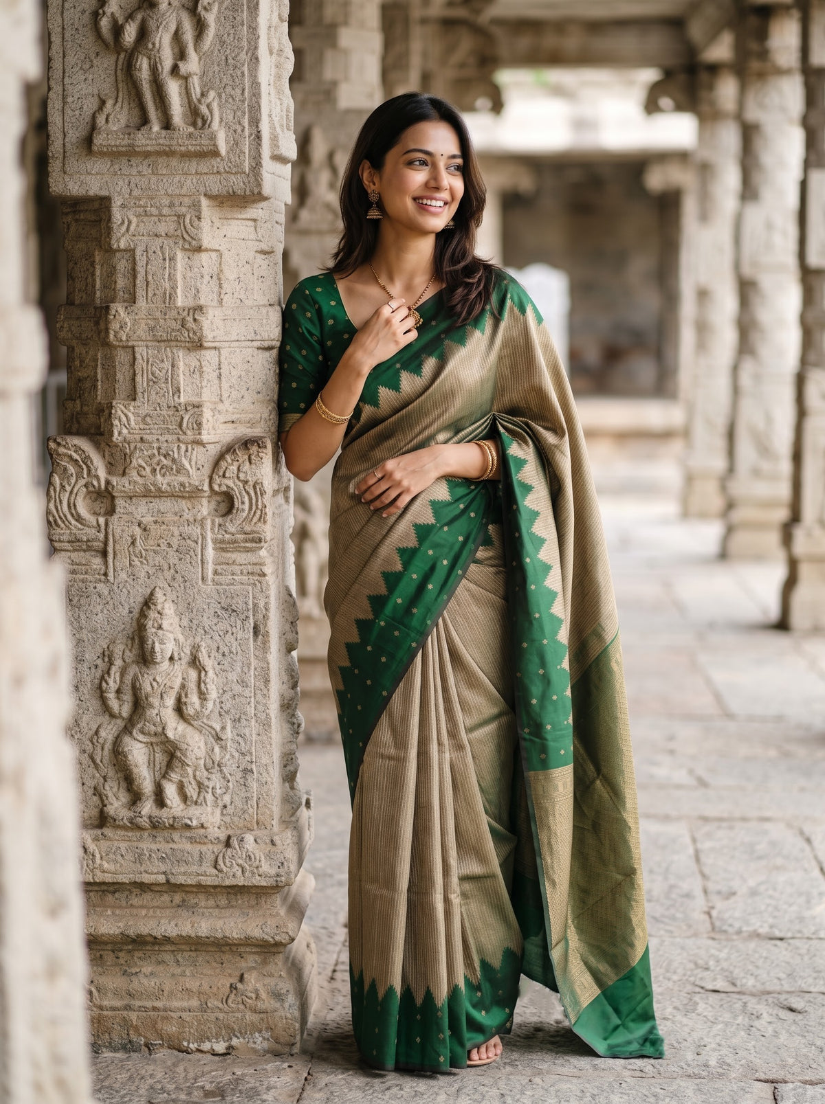 Semi Silk Bottle Green Temple Border Copper Zari Pallu Saree with Butta Body