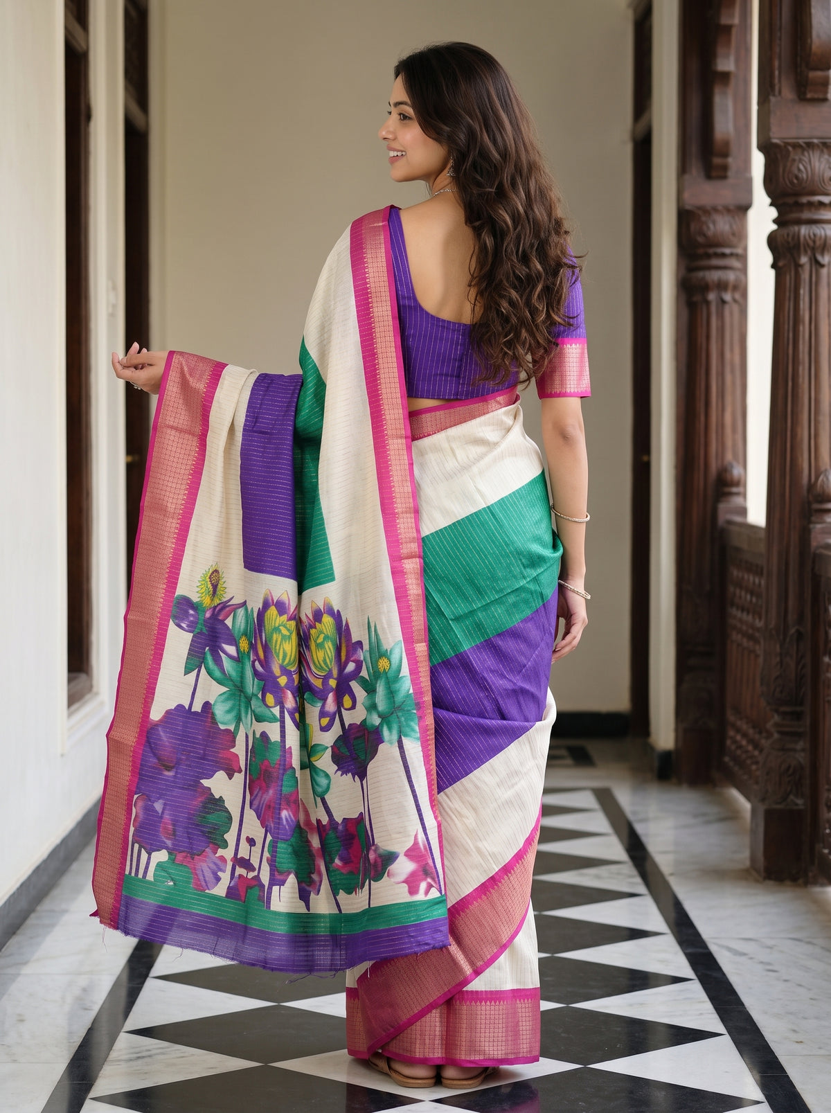 Semi Silk Cream Saree with Lotus Print Pallu and Pink Zari Border
