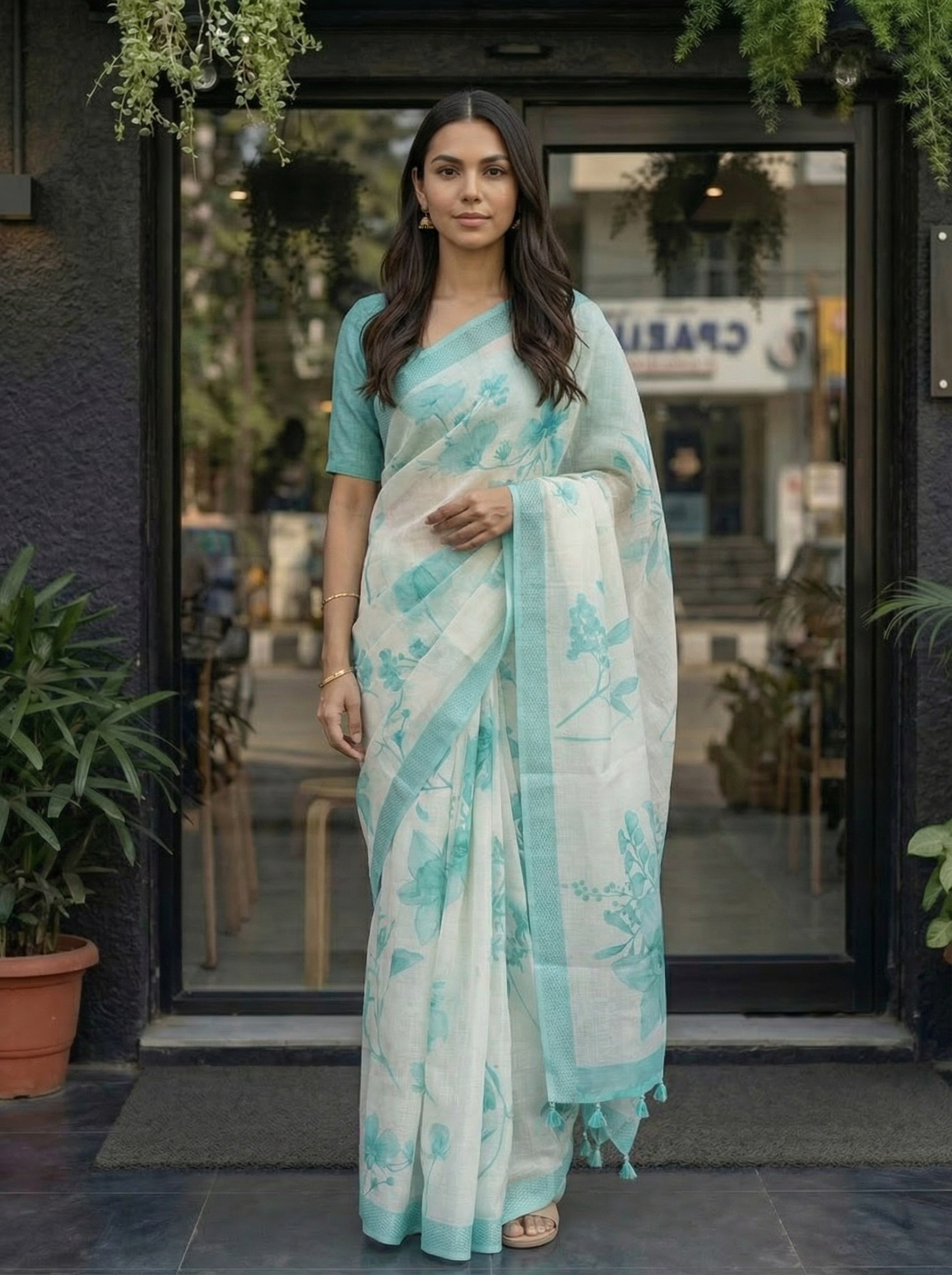 Linen Ivory Off White Aqua Blue Floral Printed Saree
