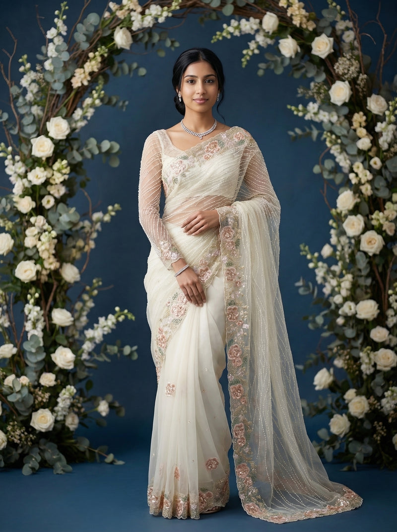 Woman in a white saree with floral decorations on a blue background