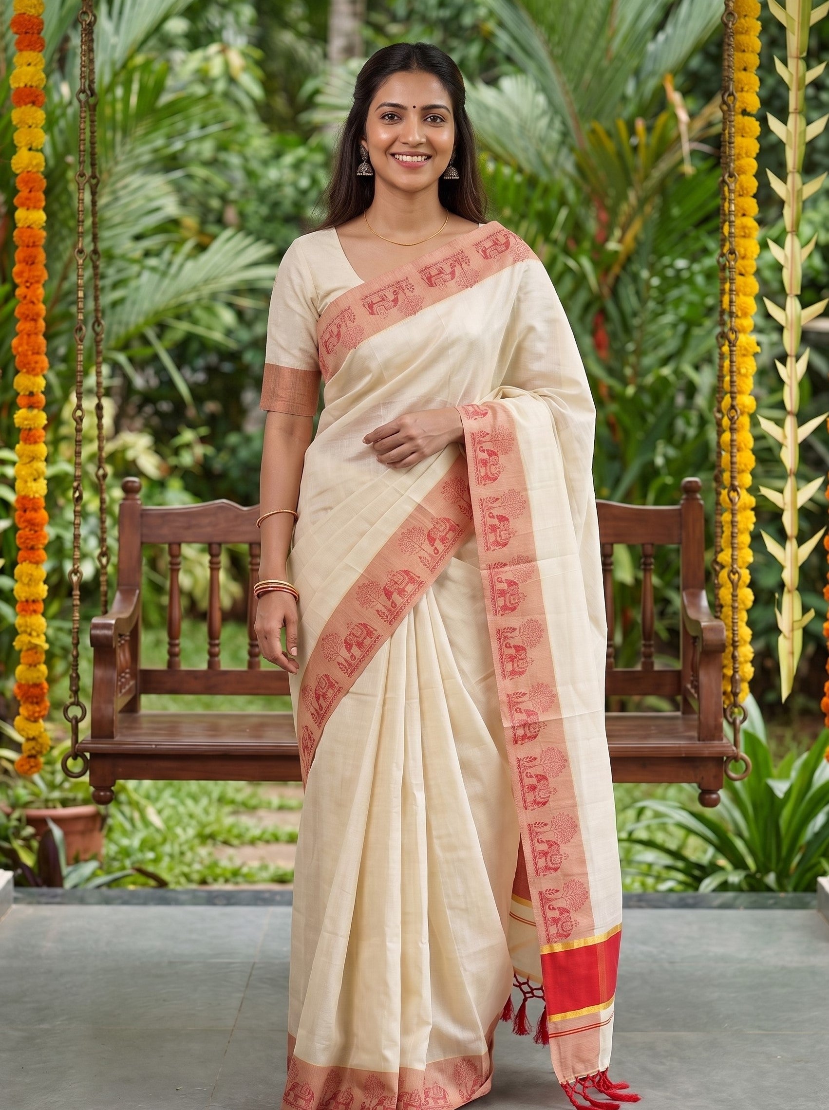 Tissue Cream Red Mural Elephant Border Onam Kerala Saree