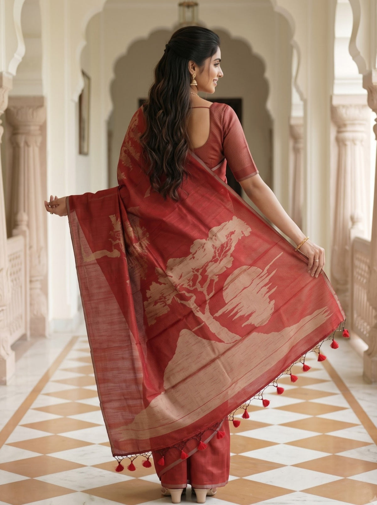 Matka Silk Red Saree with Woven Sunset Mountain Tree Motif
