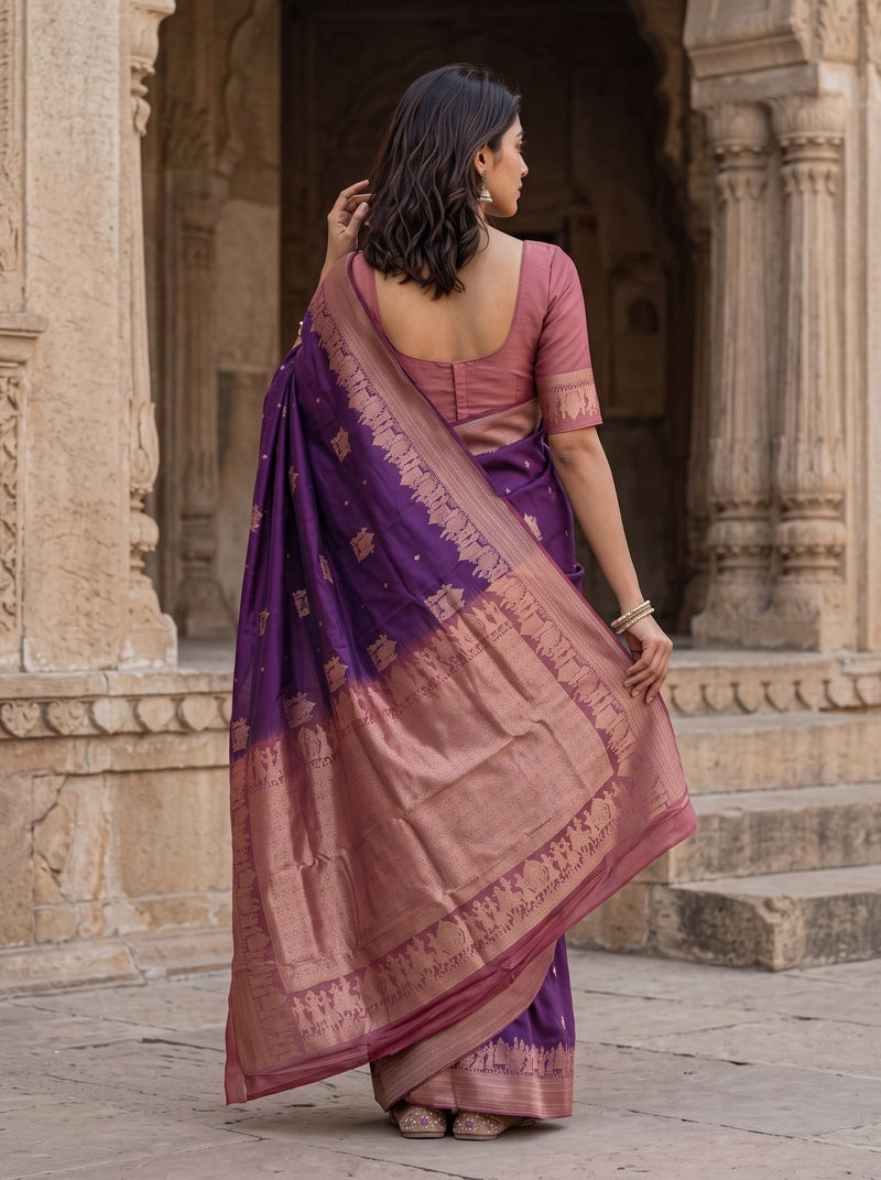 A woman wearing a purple and dusty rose Banarasi silk saree with gold zari embroidery, standing in front of a historic stone archway.