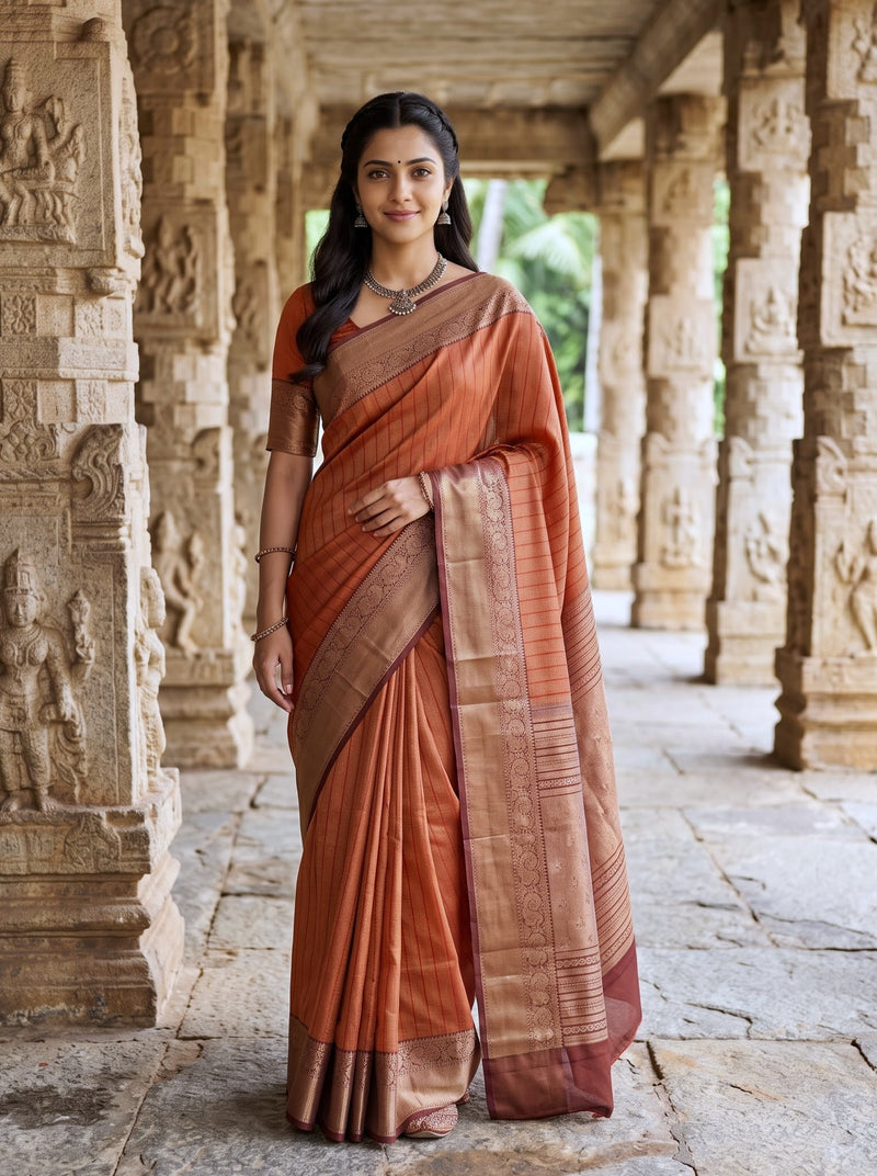 A woman wearing a rust-orange and beige saree with metallic gold zari patterns, standing in a stone corridor with carved pillars.