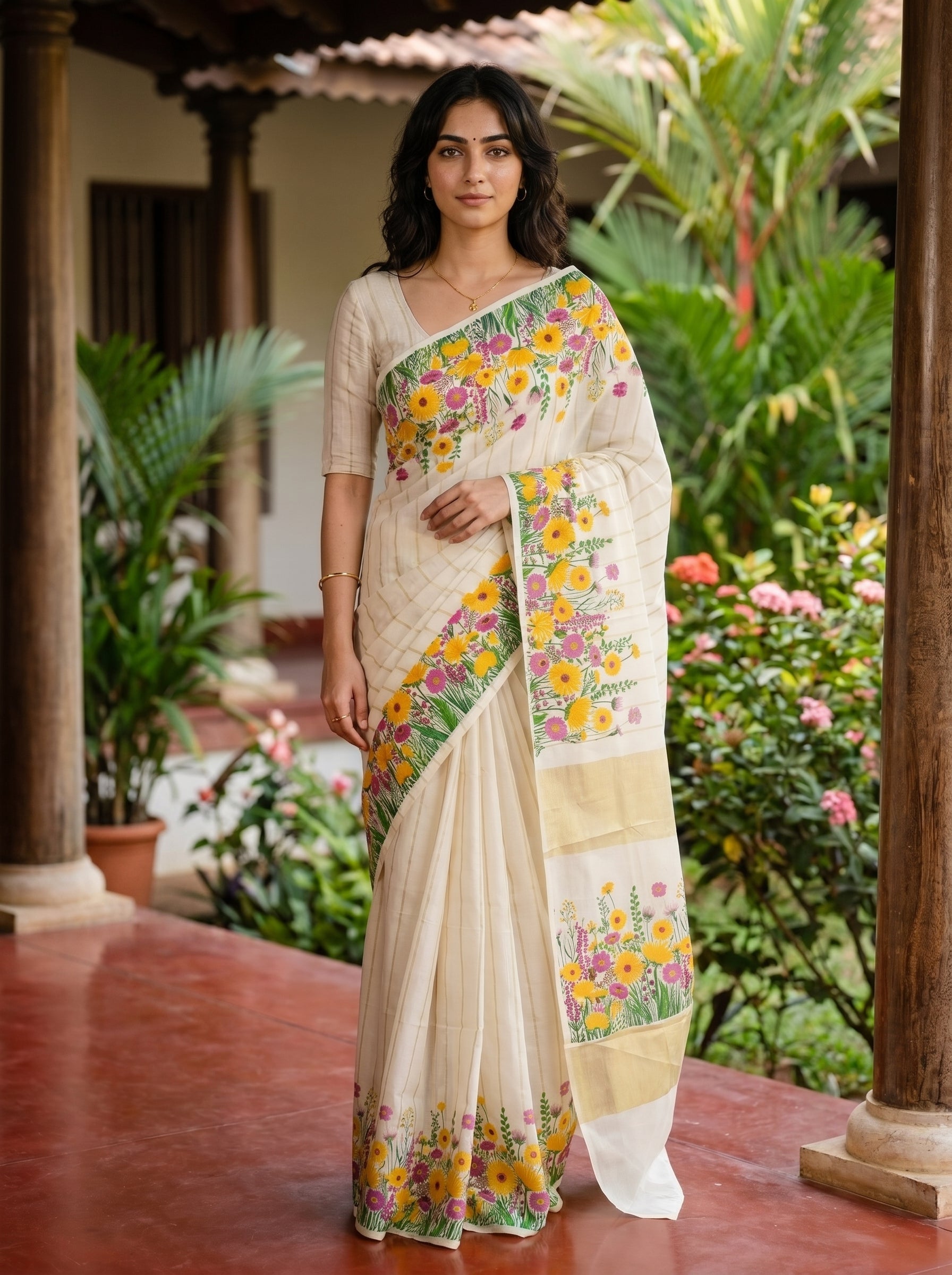 Cotton Cream Multicolor Floral Garden Print Border Kerala Kasavu Saree