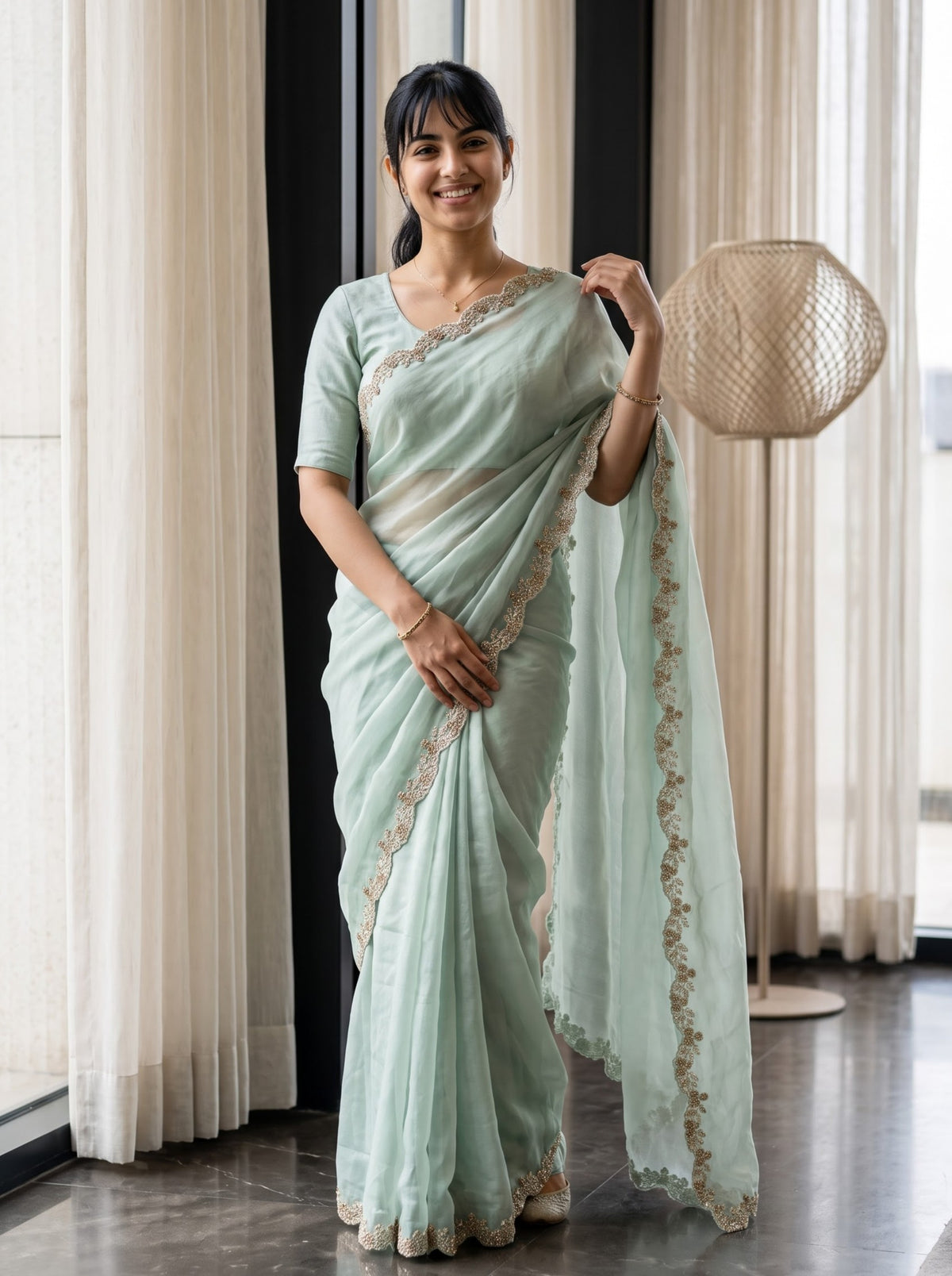 Satin Mint Green Saree with Floral Vine Stone Work Scalloped Border