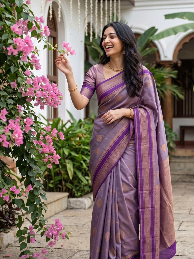 A woman wearing a lavender purple silk saree with gold zari borders and motifs, standing in a garden courtyard next to a pink bougainvillea plant.