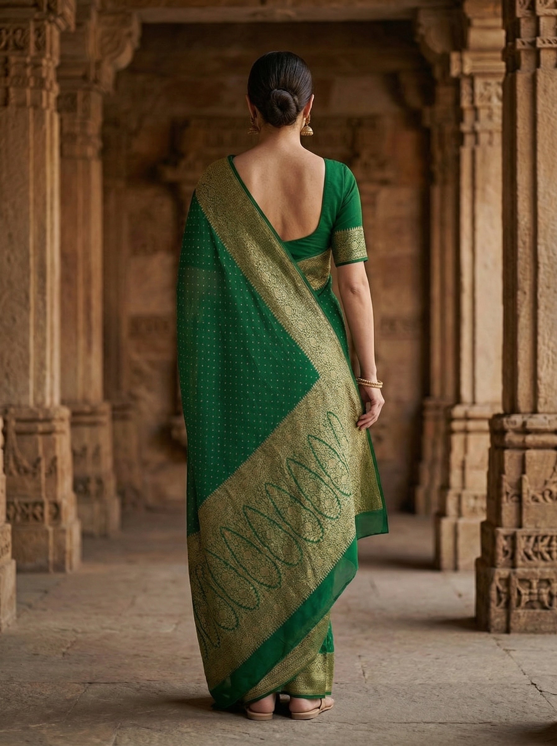 Georgette Banarasi  Emerald Green Zari Dotted Saree
