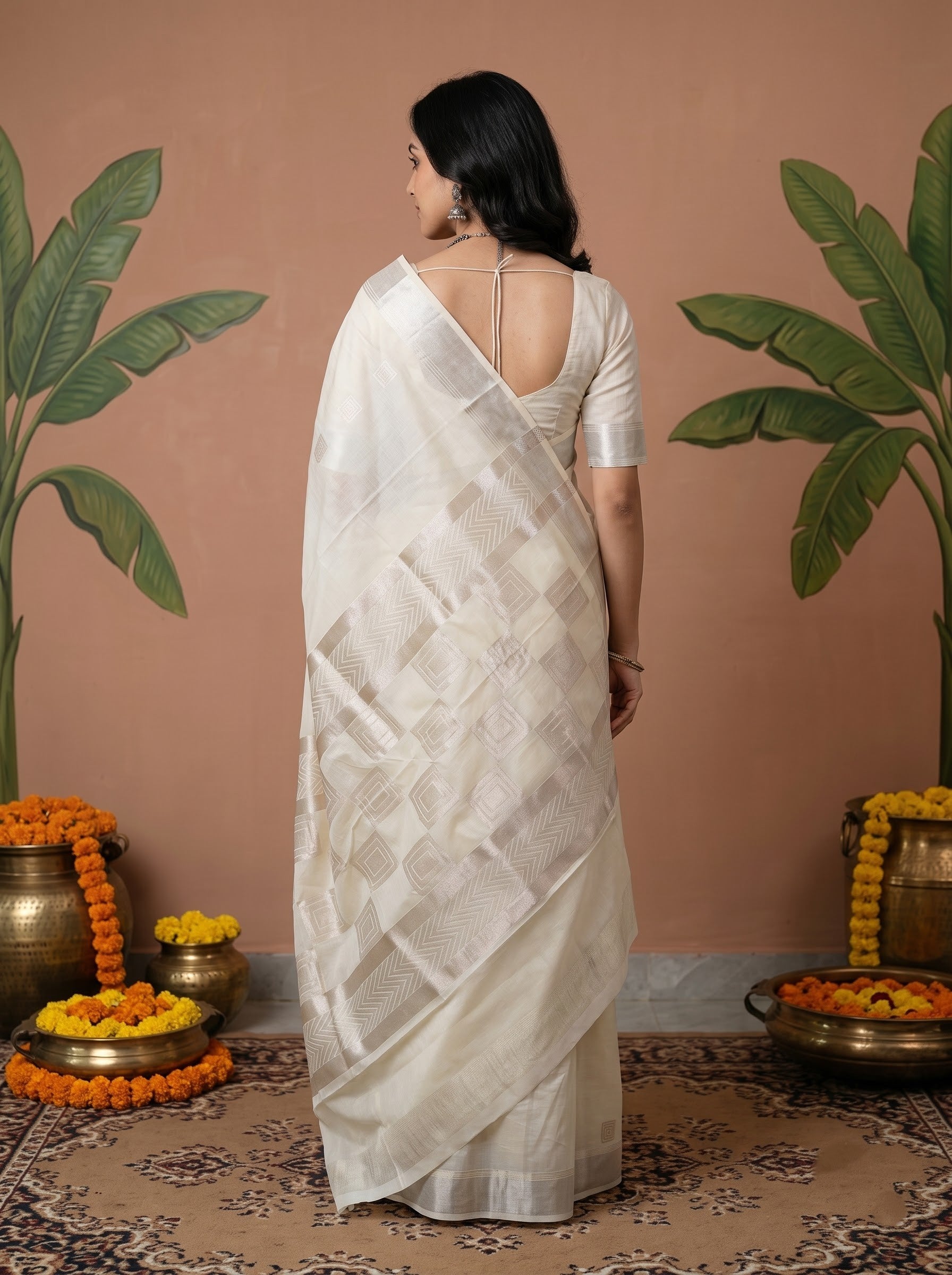 A woman stands with her back to the camera wearing a white saree with a matching blouse. The setting features a terracotta-colored wall, decorative potted banana plants, and brass pots with orange marigold garlands on a patterned rug.