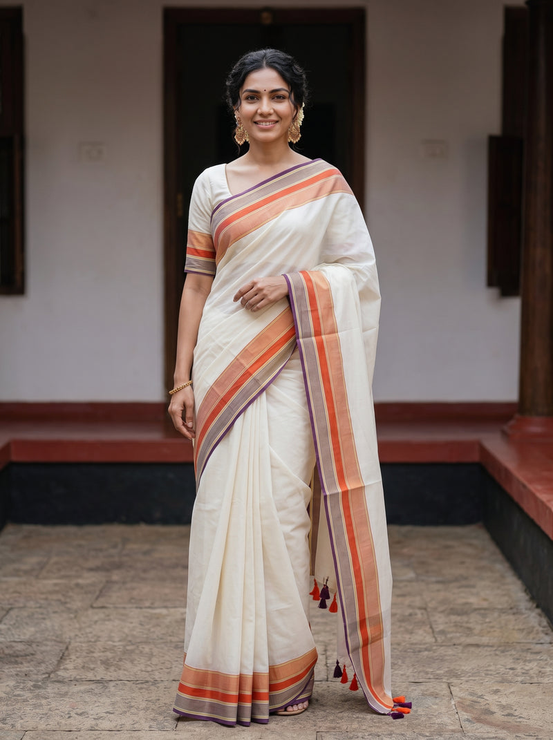 A woman wearing a traditional Indian saree stands in a courtyard. The saree is off-white/cream with orange, purple, and brown striped borders and a matching embroidered blouse.