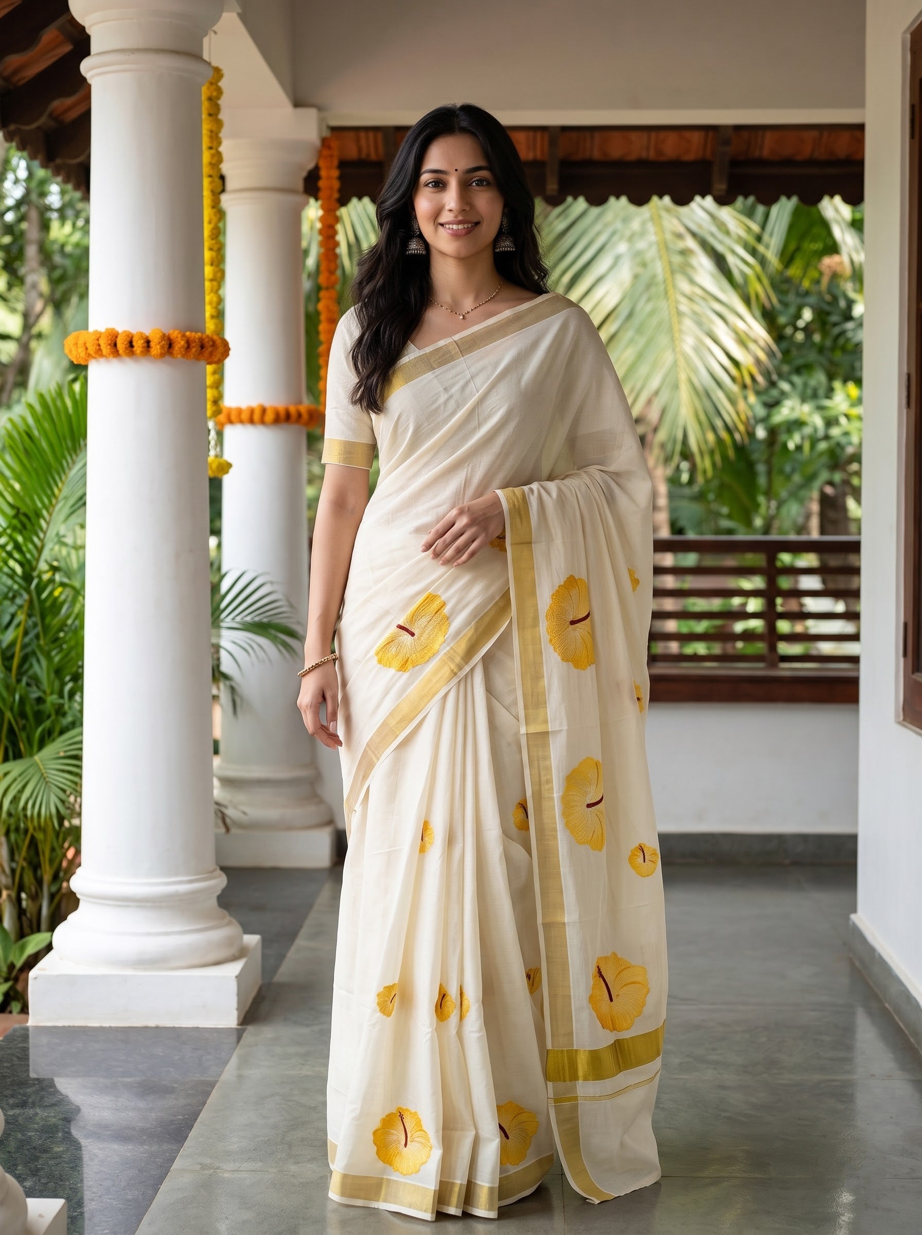 Cotton Cream Yellow Hibiscus Print with Golden Border Onam Special Kerala Saree
