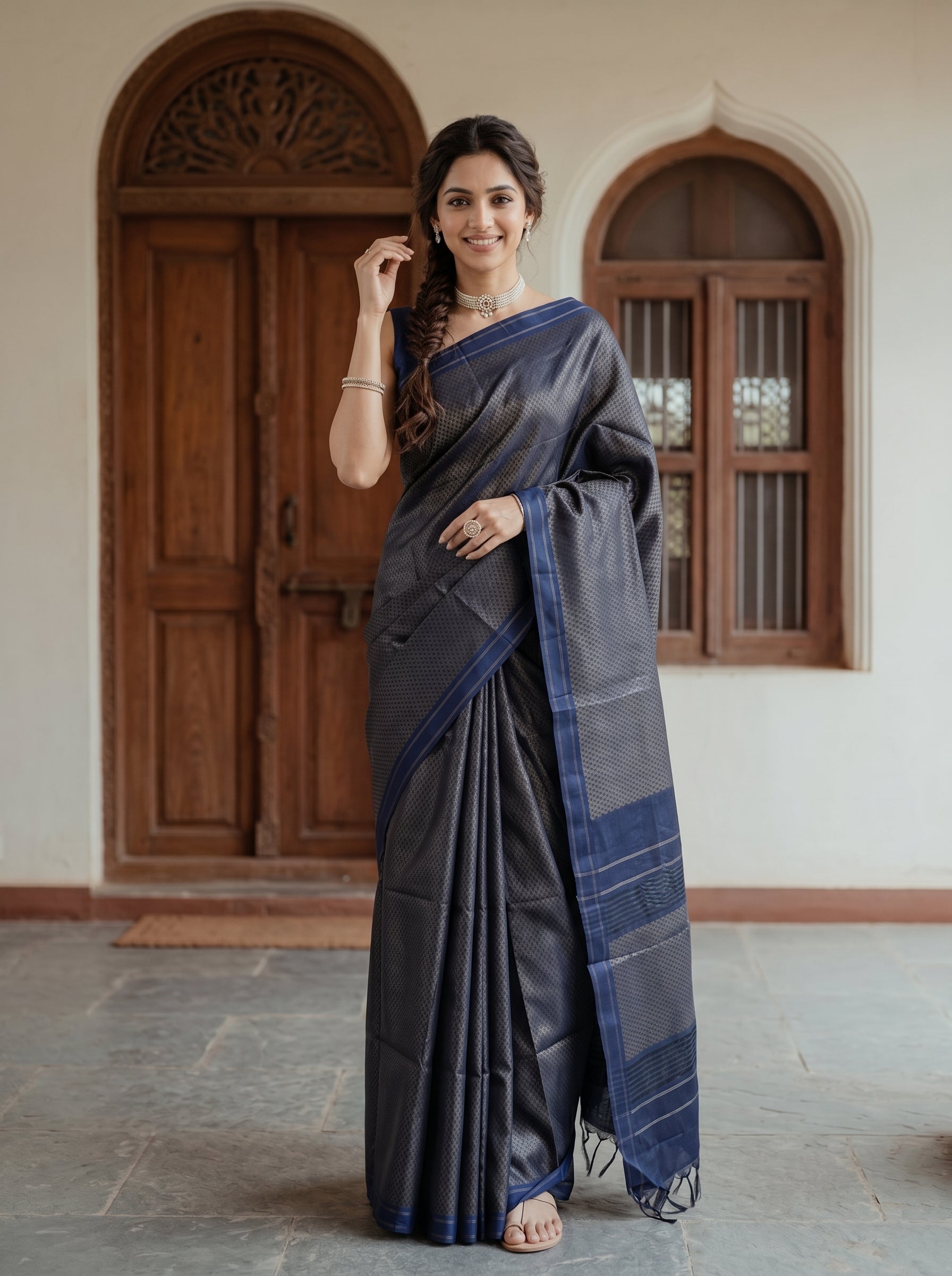Woman in a dark gray saree with blue border standing in a room with wooden door and window.