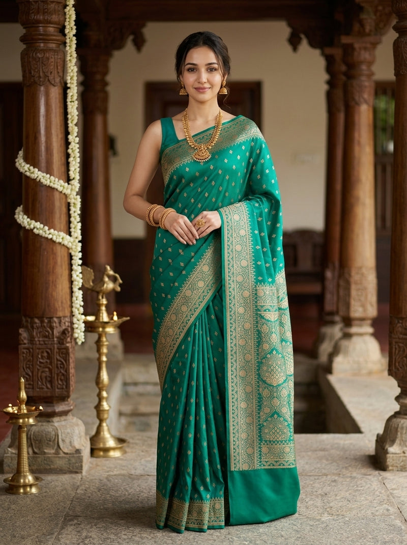 Woman in a green saree with gold patterns standing in an ornate indoor setting.