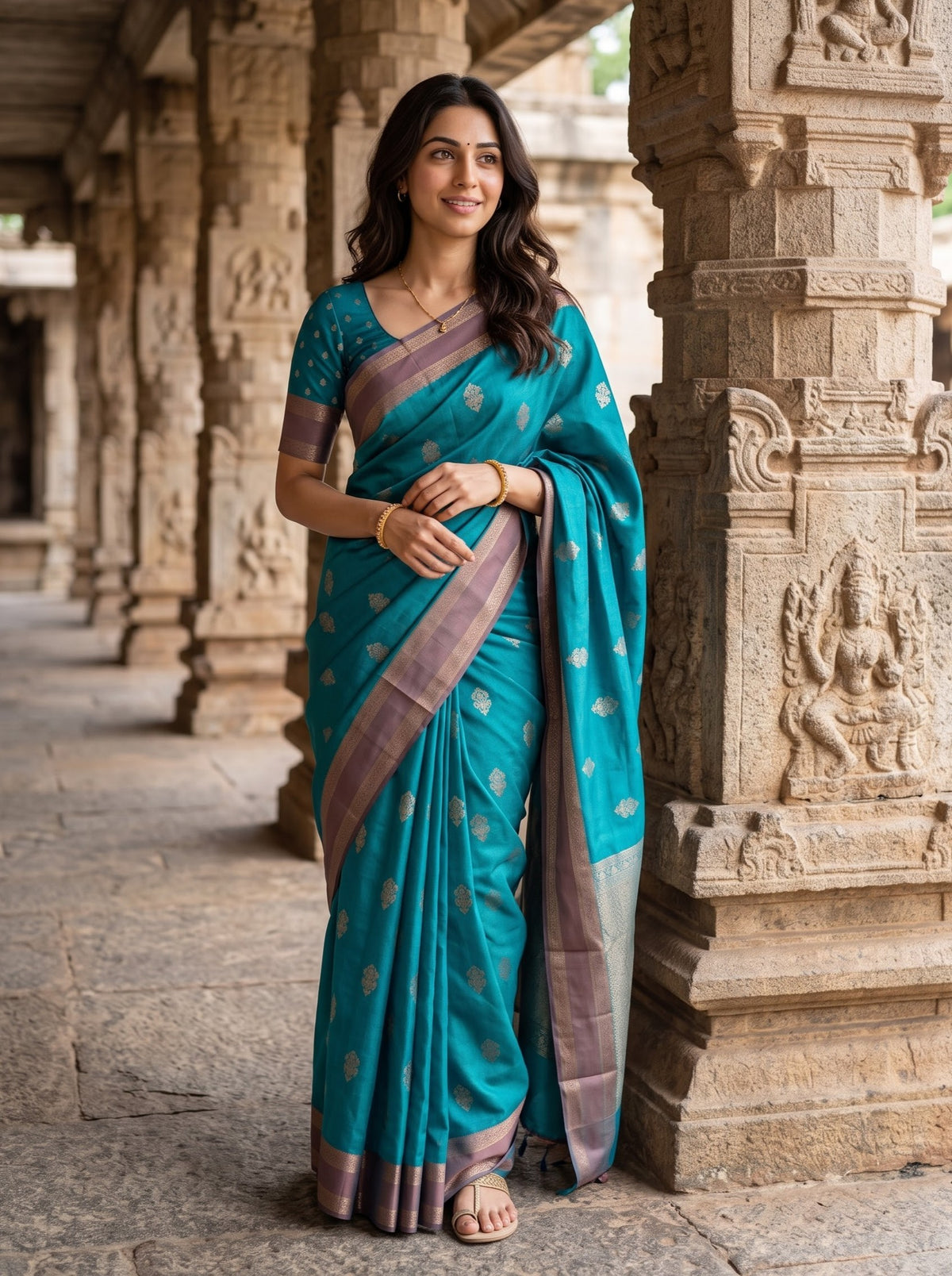 Semi Silk Teal Green Saree with Silver Zari Woven Pallu, Floral Buttas and Contrast Maroon Border
