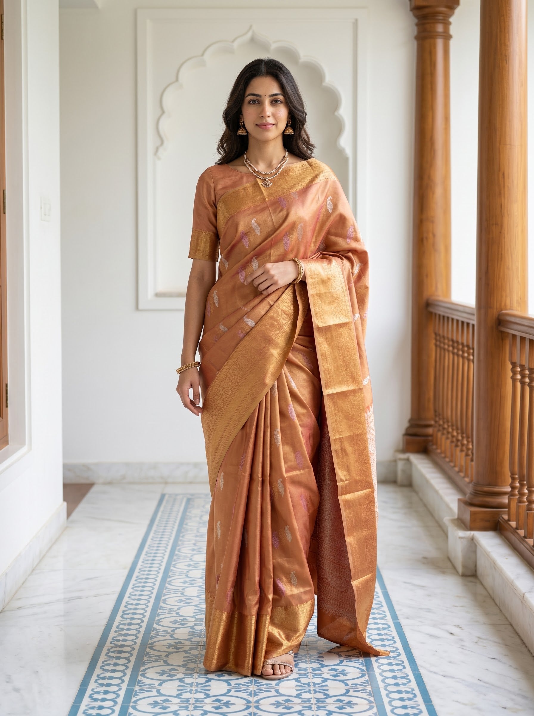 A woman modeling a golden bronze silk saree with a matching short-sleeve blouse, standing in a traditional corridor with white walls, wooden pillars, and a blue patterned runner.