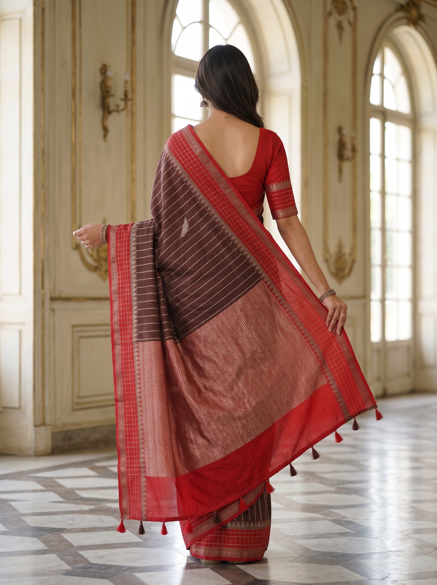 Semi Silk Maroon Saree with Red Temple Border and Zari Woven Pallu