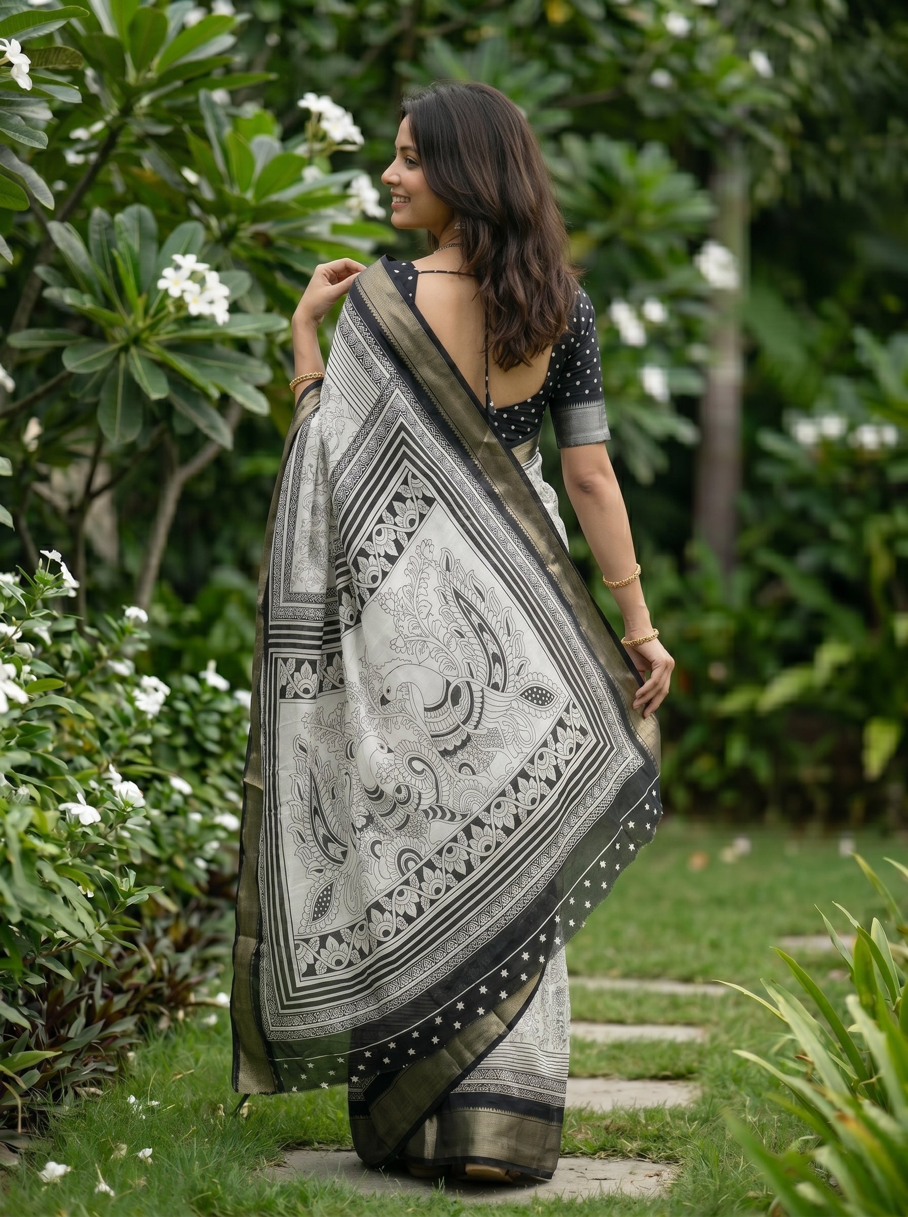 Synthetic White Grey Peacock Floral Kalamkari Printed Saree with Grey Woven Border