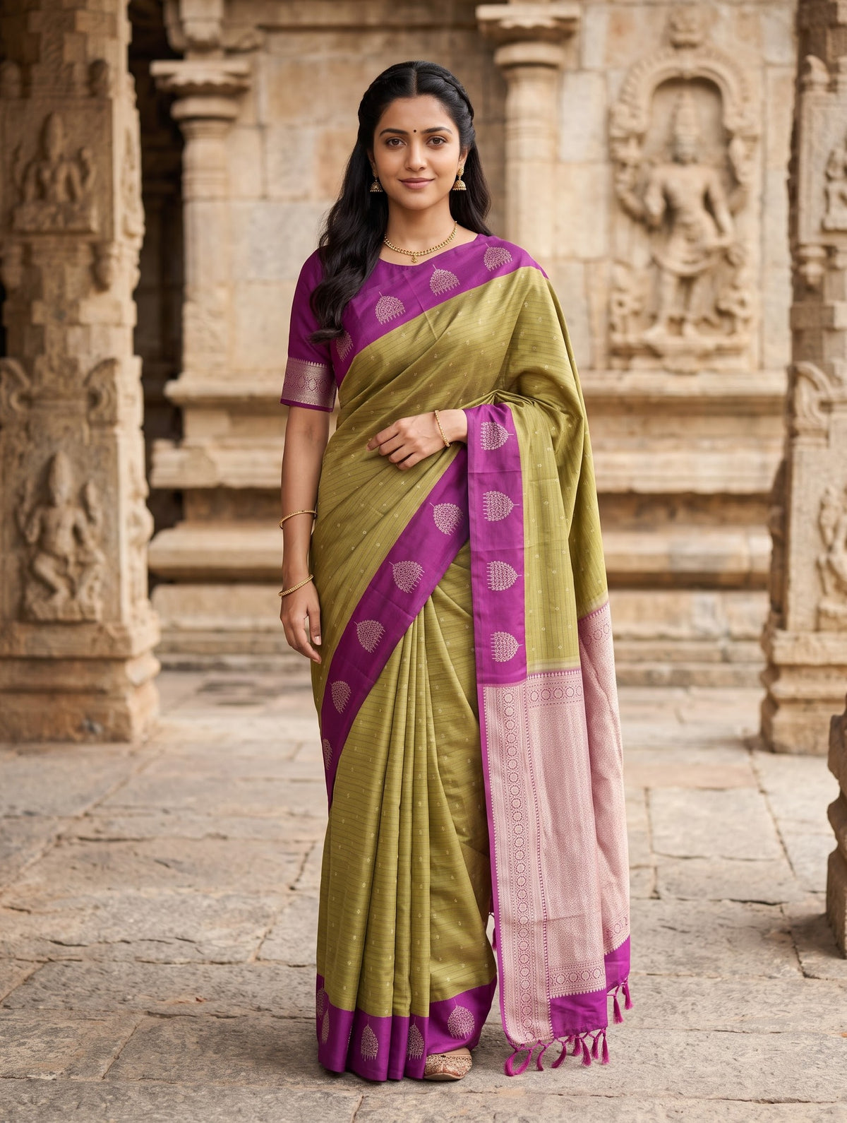 A woman wearing a traditional Indian saree stands in front of a stone temple structure. The saree is olive green with a magenta-purple border and pallu, and a light pink border with metallic motifs.