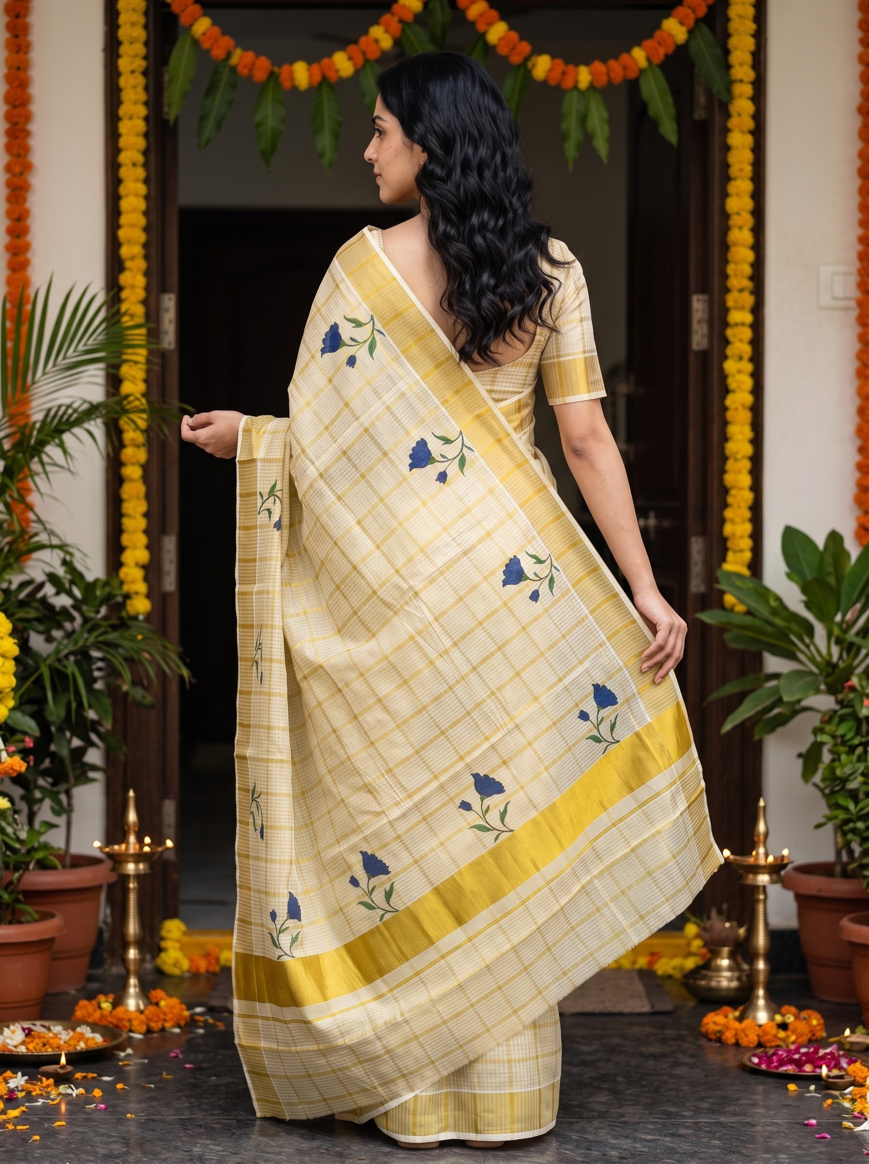 Tissue Golden Checkered Navy Flower Print with Golden Zari Border Onam Special Kerala Saree