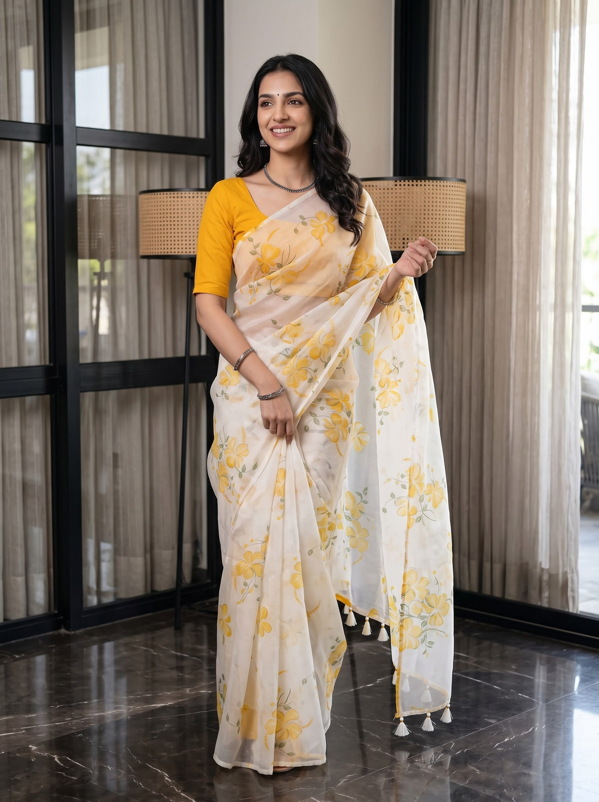Organza White Yellow Hibiscus Floral Print Saree with Tassels