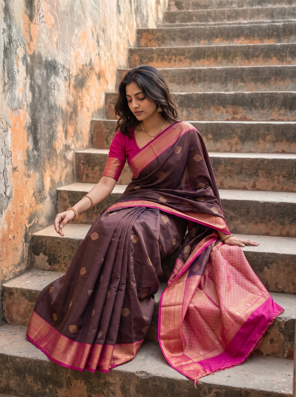 A woman sits on weathered stone stairs wearing a dark plum purple silk saree with gold motifs and a bright pink border, paired with a matching pink blouse.