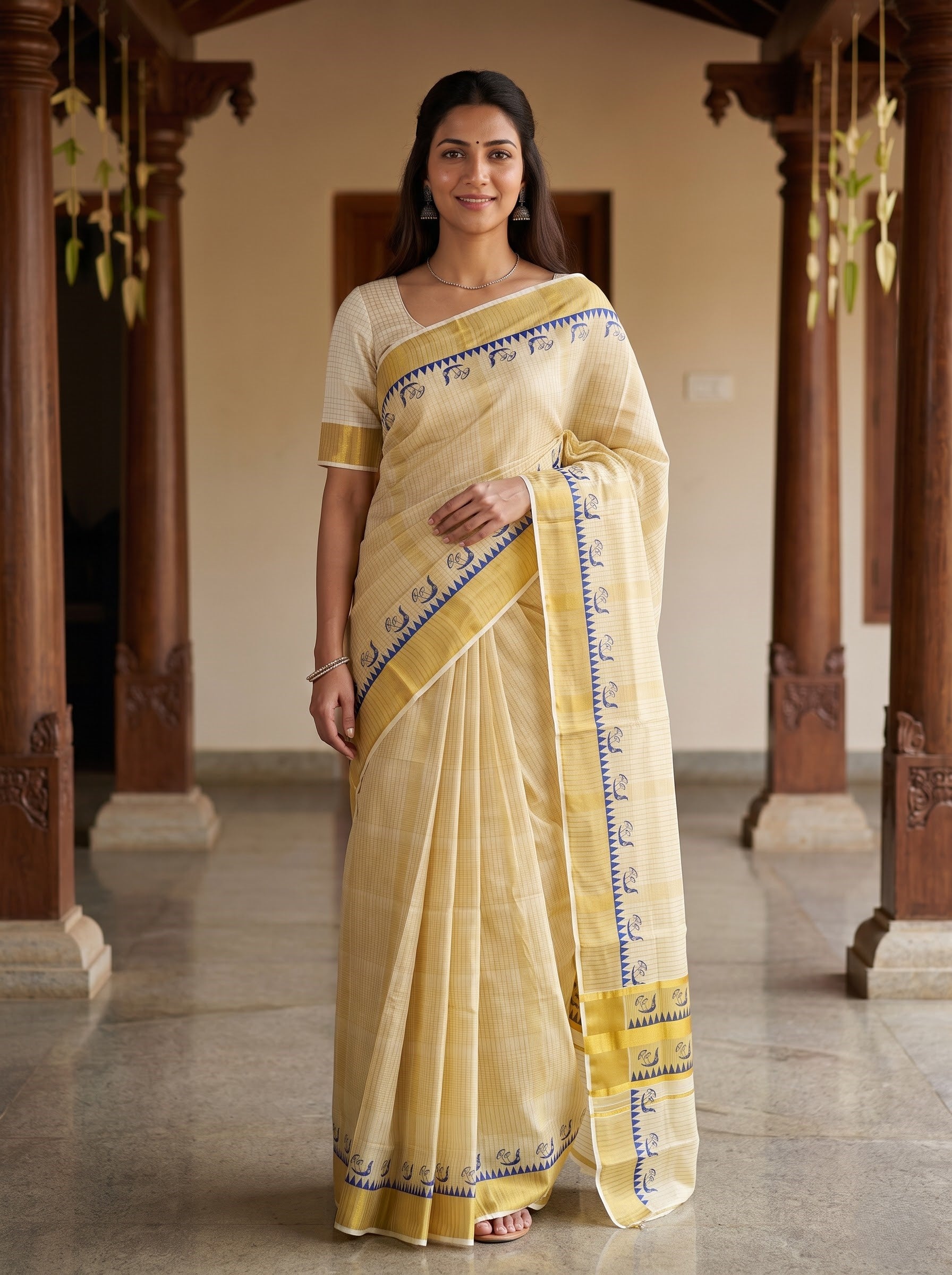 Tissue Cream Blue Bird Motif Border Onam Kerala Saree