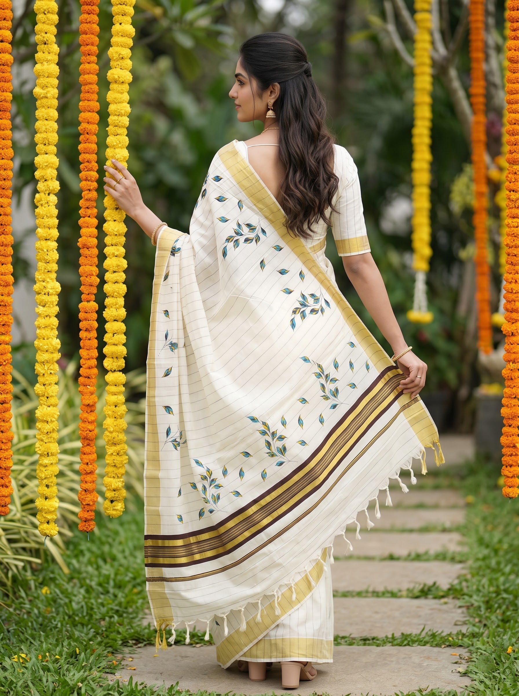 Cotton Cream Blue Green Leaf Vine Print with Golden Zari Border Onam Special Kerala Saree