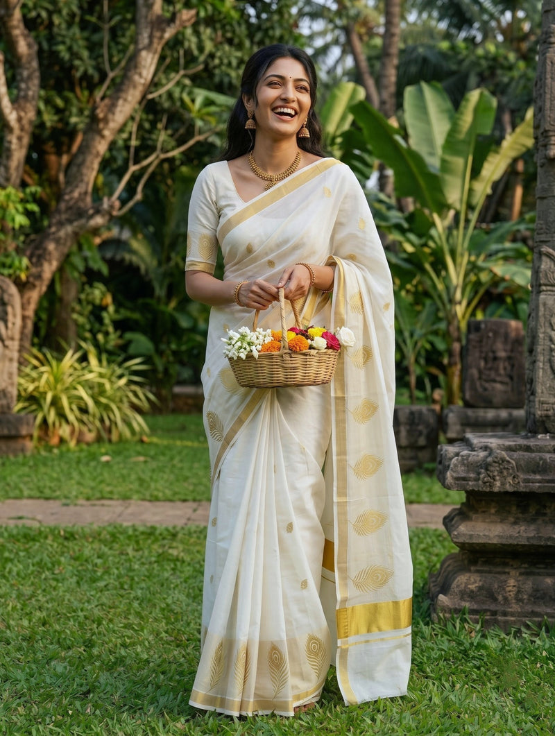 A woman wearing a white and gold saree stands outdoors in a garden, holding a small woven basket of flowers. The background features lush green foliage and stone structures.