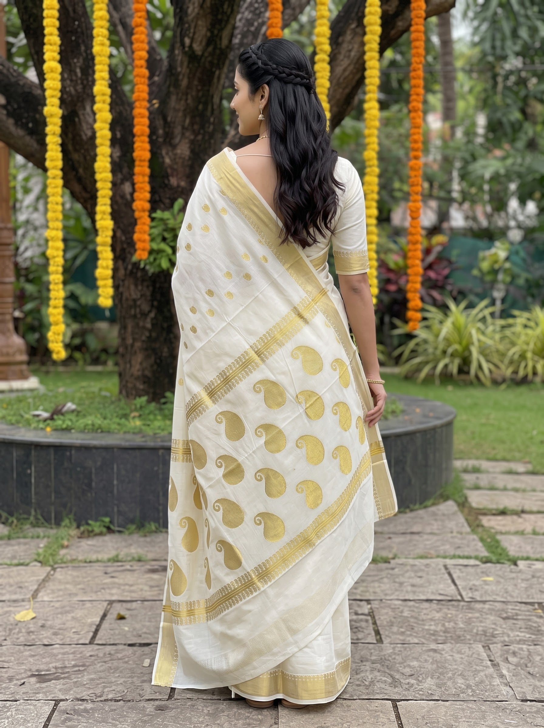Cotton Off-White Woven Gold Mango Paisley Motif Onam Special Kerala Saree with Zari Border