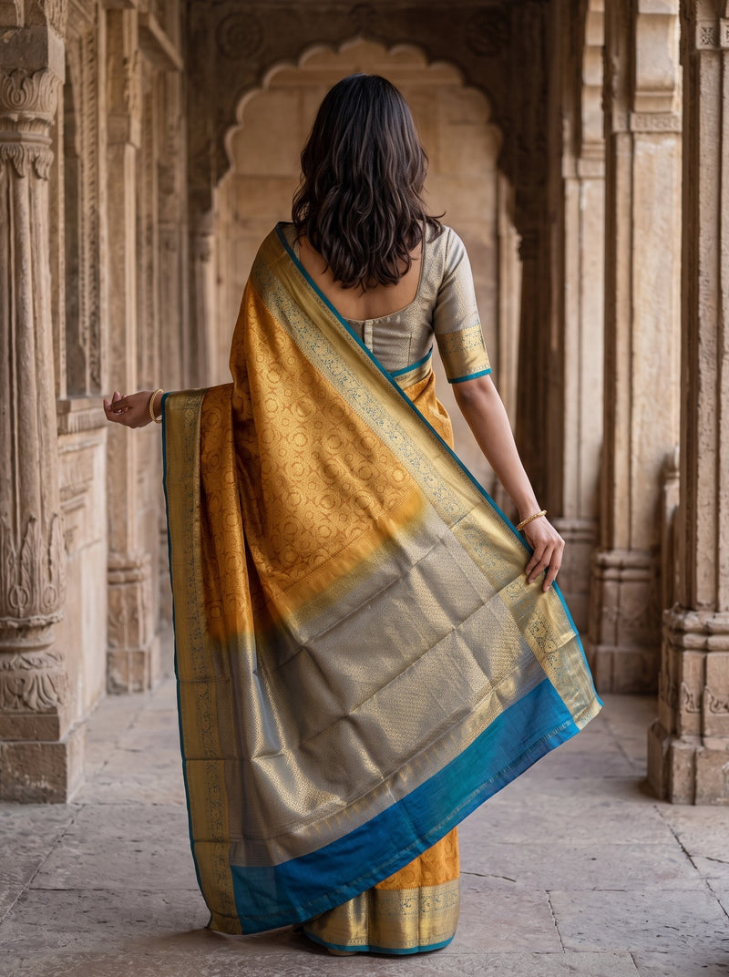 A woman viewed from behind wearing a golden yellow and silver saree with a blue border, standing in a stone corridor with arches.